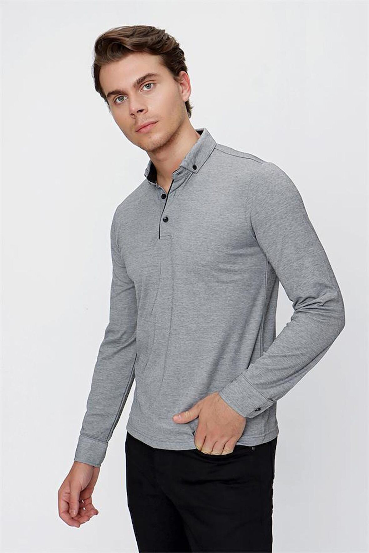 Uzun Kol Oxford Garnili Slim Fit Dar Kesim Klasik T-Shirt 1011220142 Koyu Antrasit