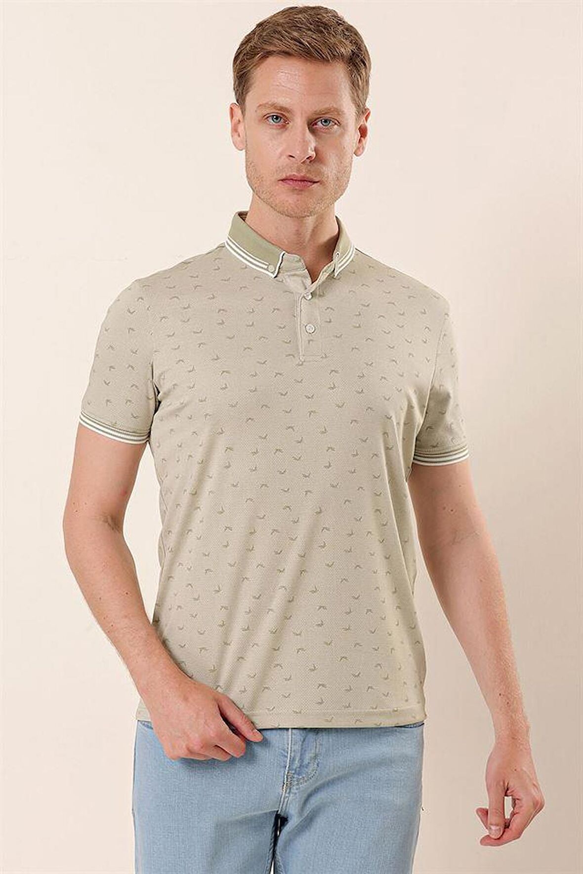 Kısa Kollu Baskılı MerserizePamuklu Casual Slim Fit Dar Kesim T-Shirt 1011230151 Açık Bej