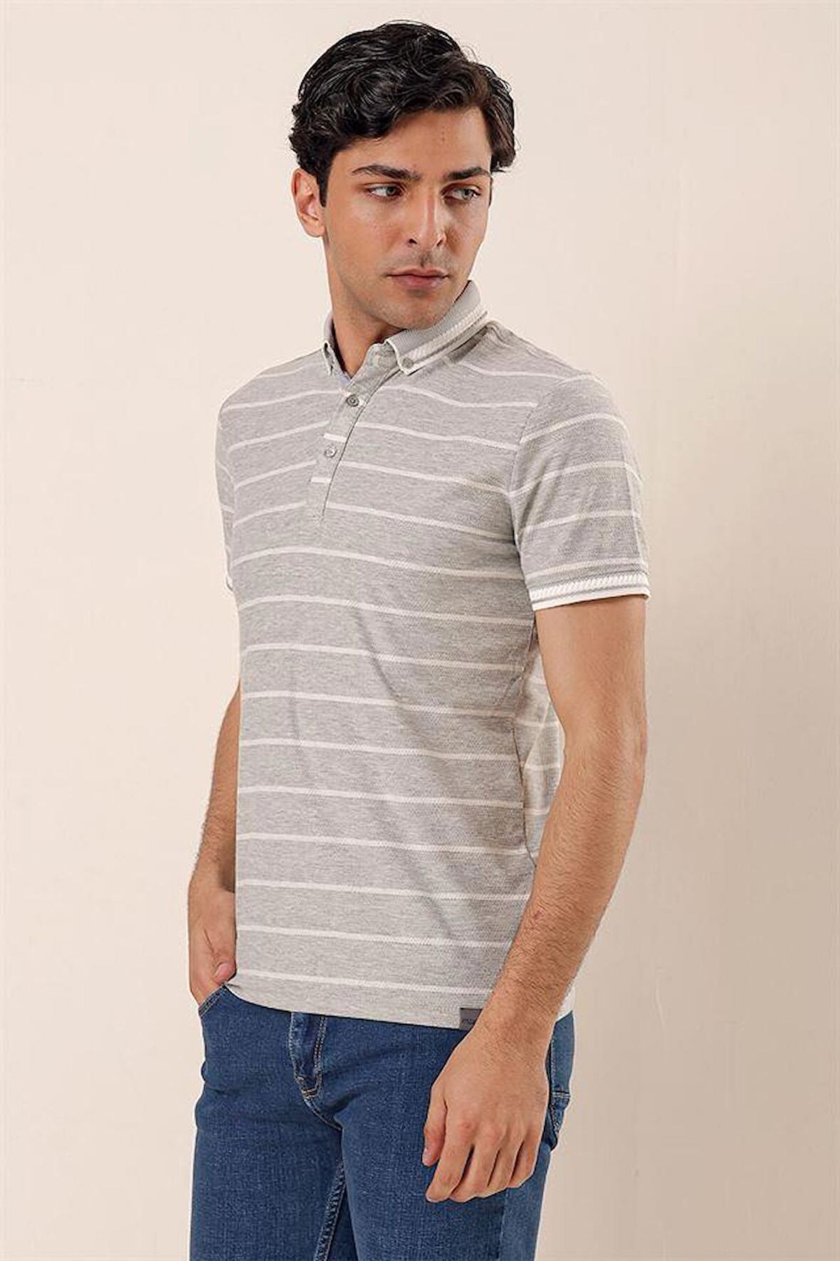 Kısa Kollu Çizgili ArmürlüPamuklu Casual Slim Fit Dar Kesim T-Shirt 1011230167 Gri