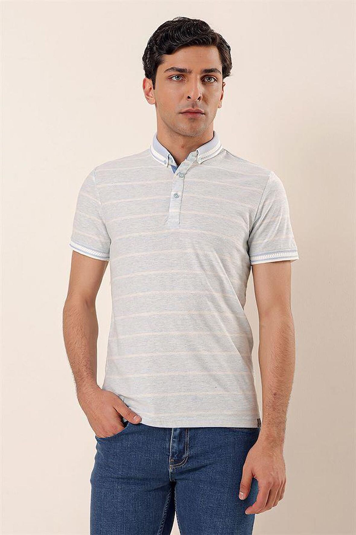 Kısa Kollu Çizgili ArmürlüPamuklu Casual Slim Fit Dar Kesim T-Shirt 1011230167 Koyu Mavi