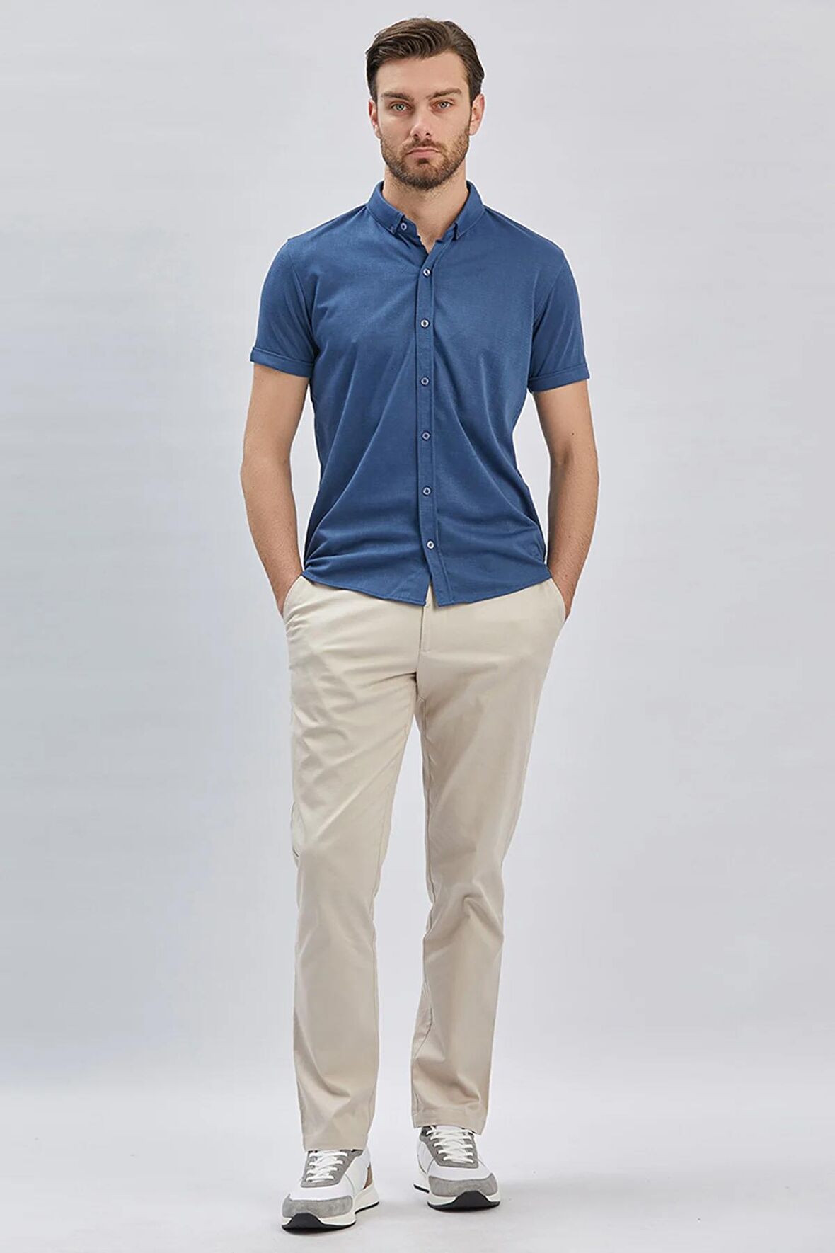 Lacivert Desenli Jakarlı Düğmeli Yaka Casual Slim Fit Dar Kesim Tişört 1011240152