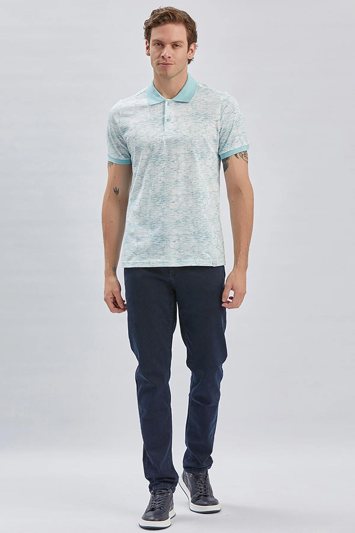 Koyu Mavi Baskılı Pike Polo Yaka Garnili %100 Pamuk Casual Slim Fit Dar Kesim Tişört 1011240157