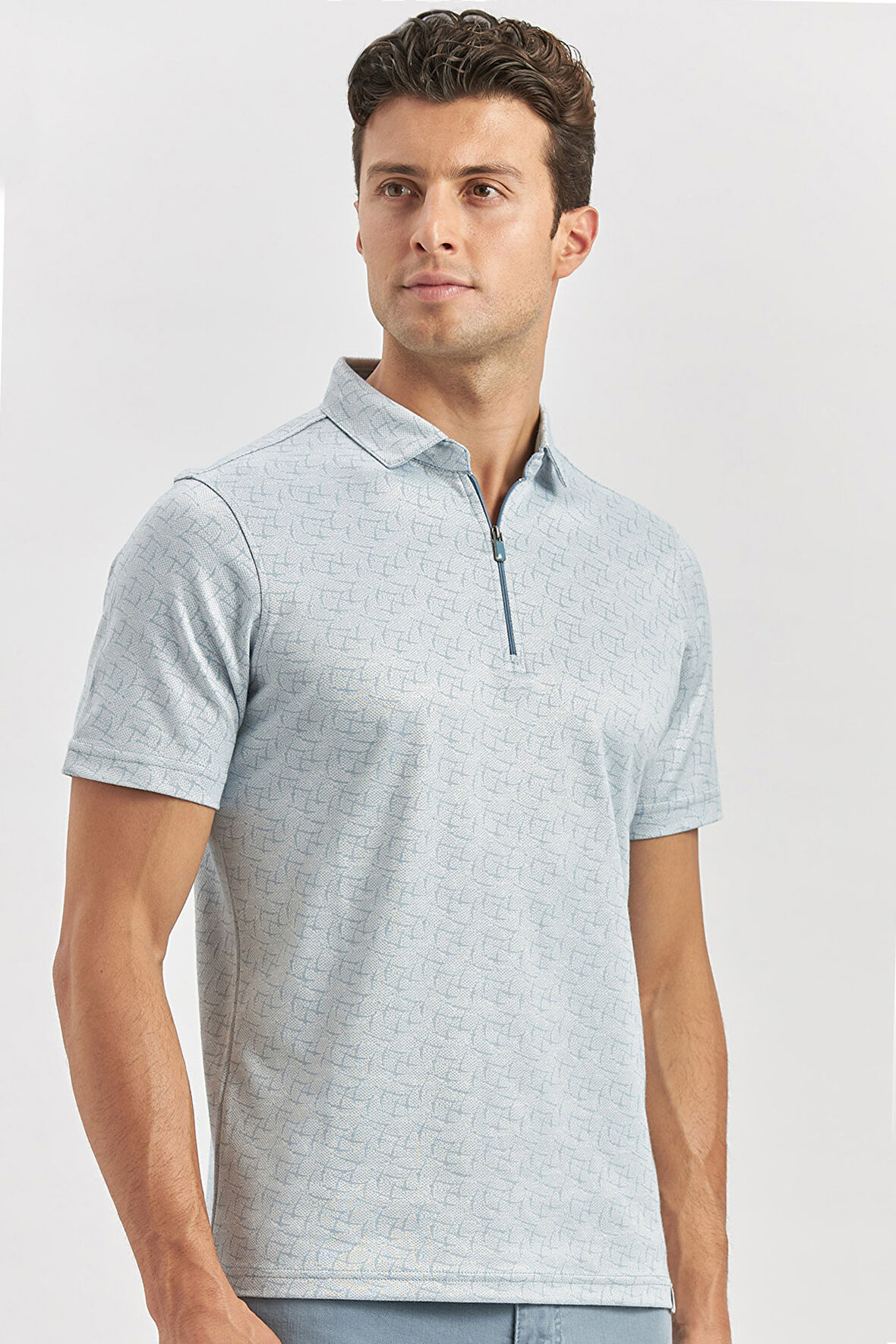 Koyu Mavi Desenli Merserize Polo Yaka Pamuklu Casual Slim Fit Dar Kesim Tişört 1011240159