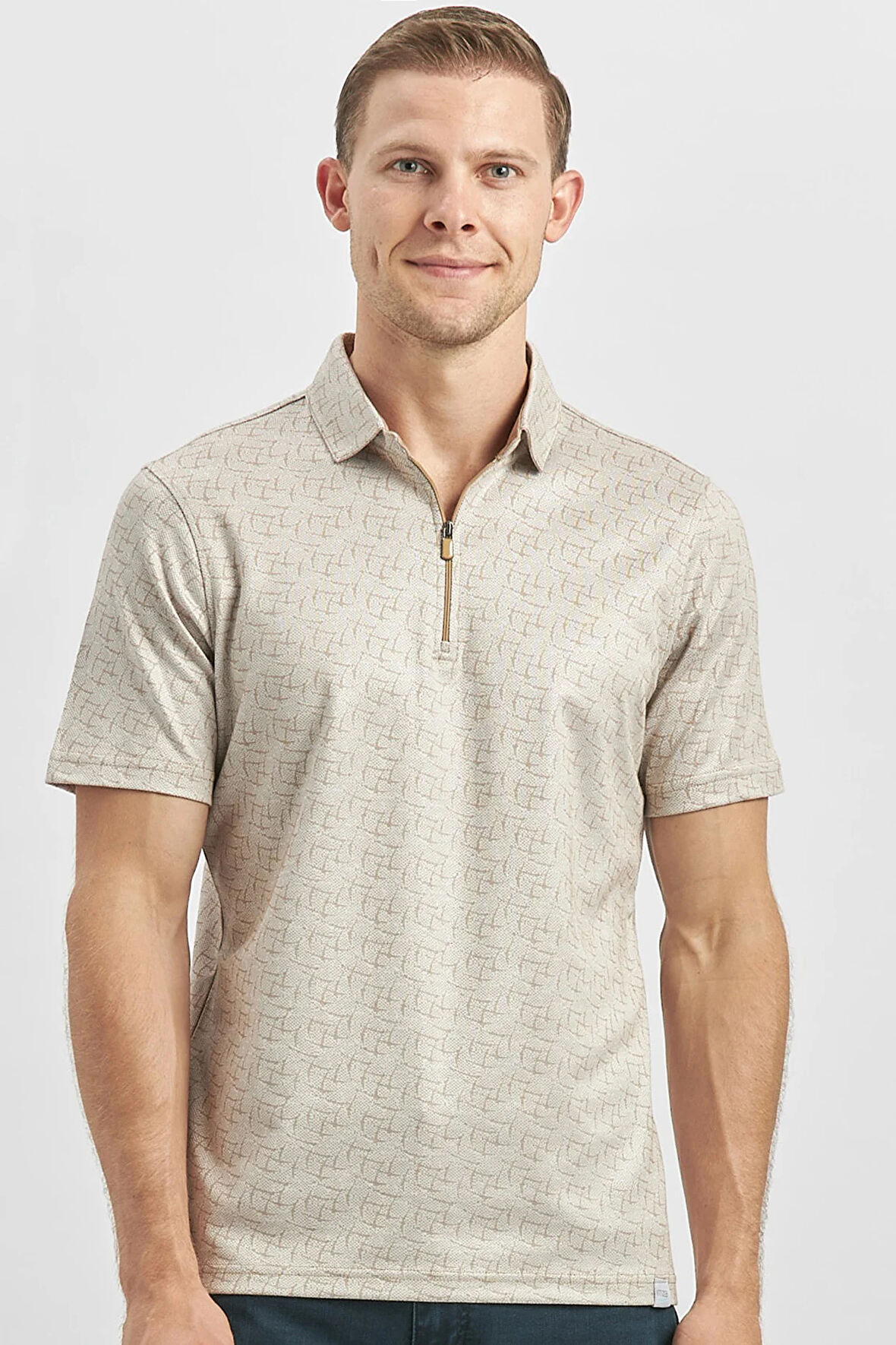 Bej Desenli Merserize Polo Yaka Pamuklu Casual Slim Fit Dar Kesim Tişört 1011240159