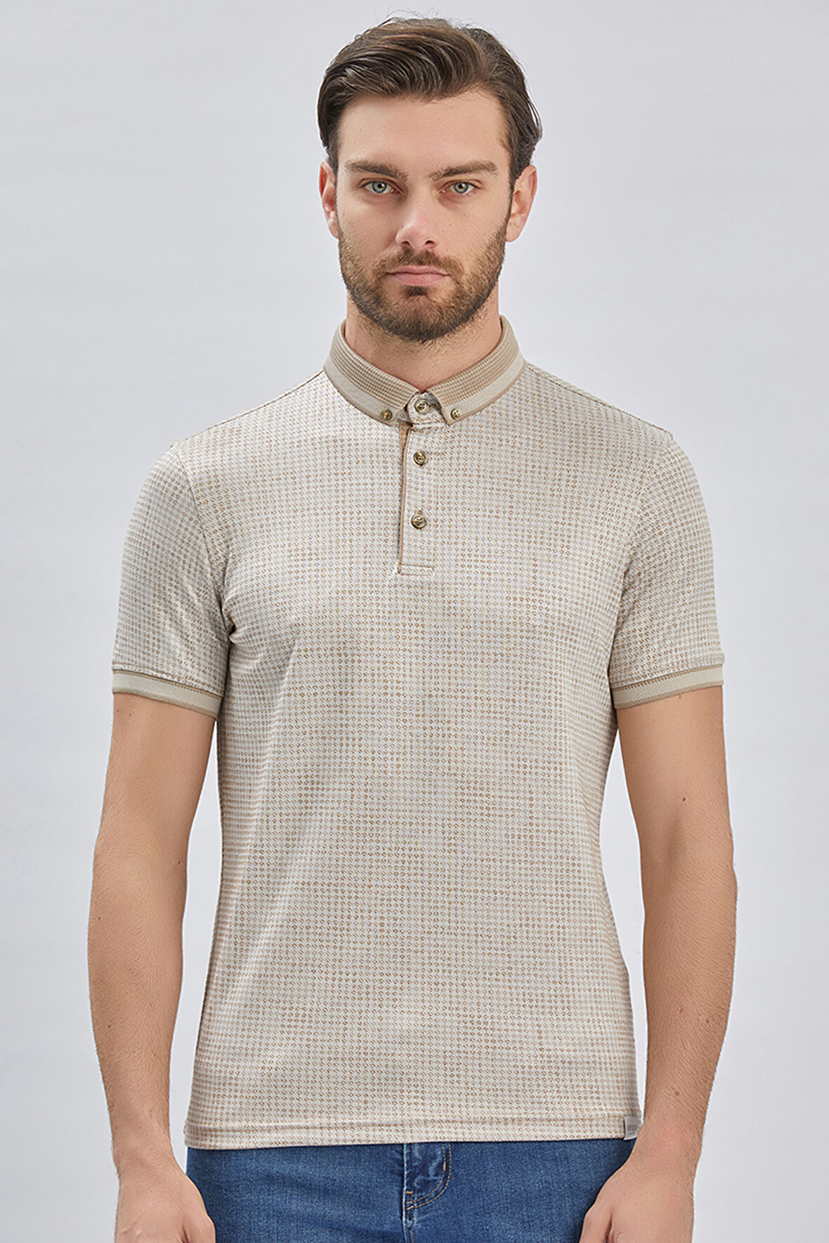 Bej Desenli Merserize Düğmeli Yaka Pamuklu Casual Slim Fit Dar Kesim Tişört 1011240161