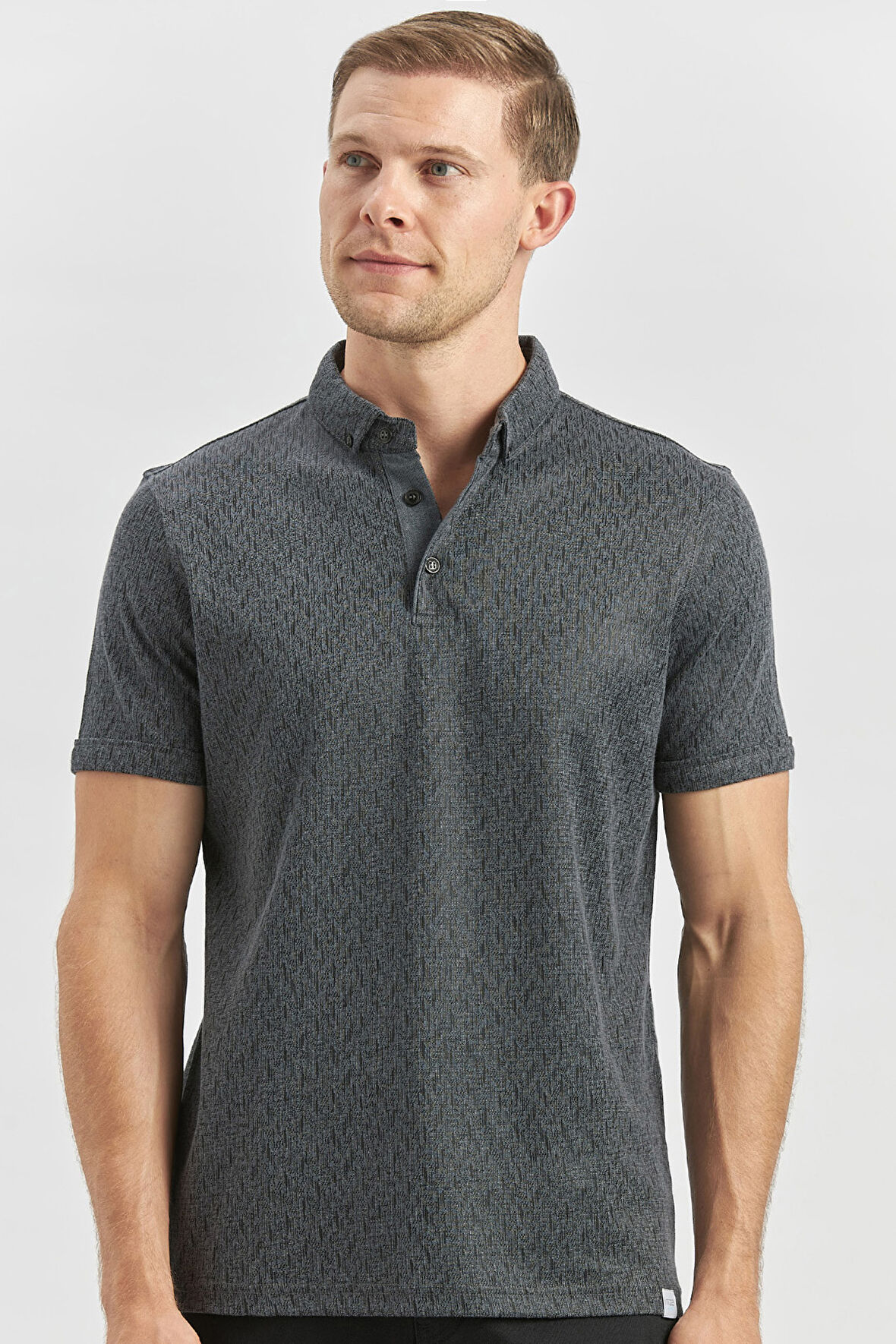 Siyah Desenli Merserize Düğmeli Yaka Pamuklu Casual Slim Fit Dar Kesim Tişört 1011240163