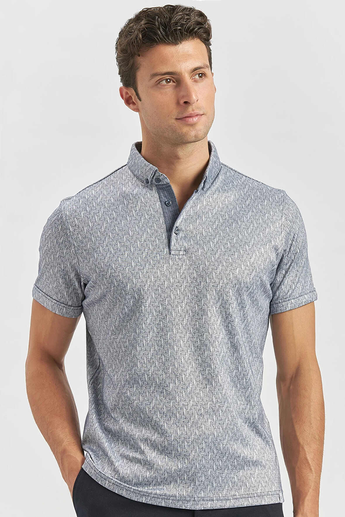 Koyu Lacivert Desenli Merserize Düğmeli Yaka Pamuklu Casual Slim Fit Dar Kesim Tişört 1011240163