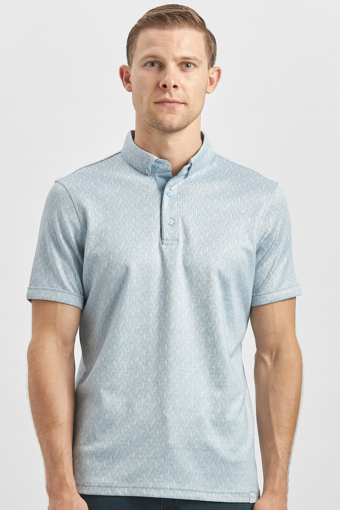 Koyu Mavi Desenli Merserize Düğmeli Yaka Pamuklu Casual Slim Fit Dar Kesim Tişört 1011240163