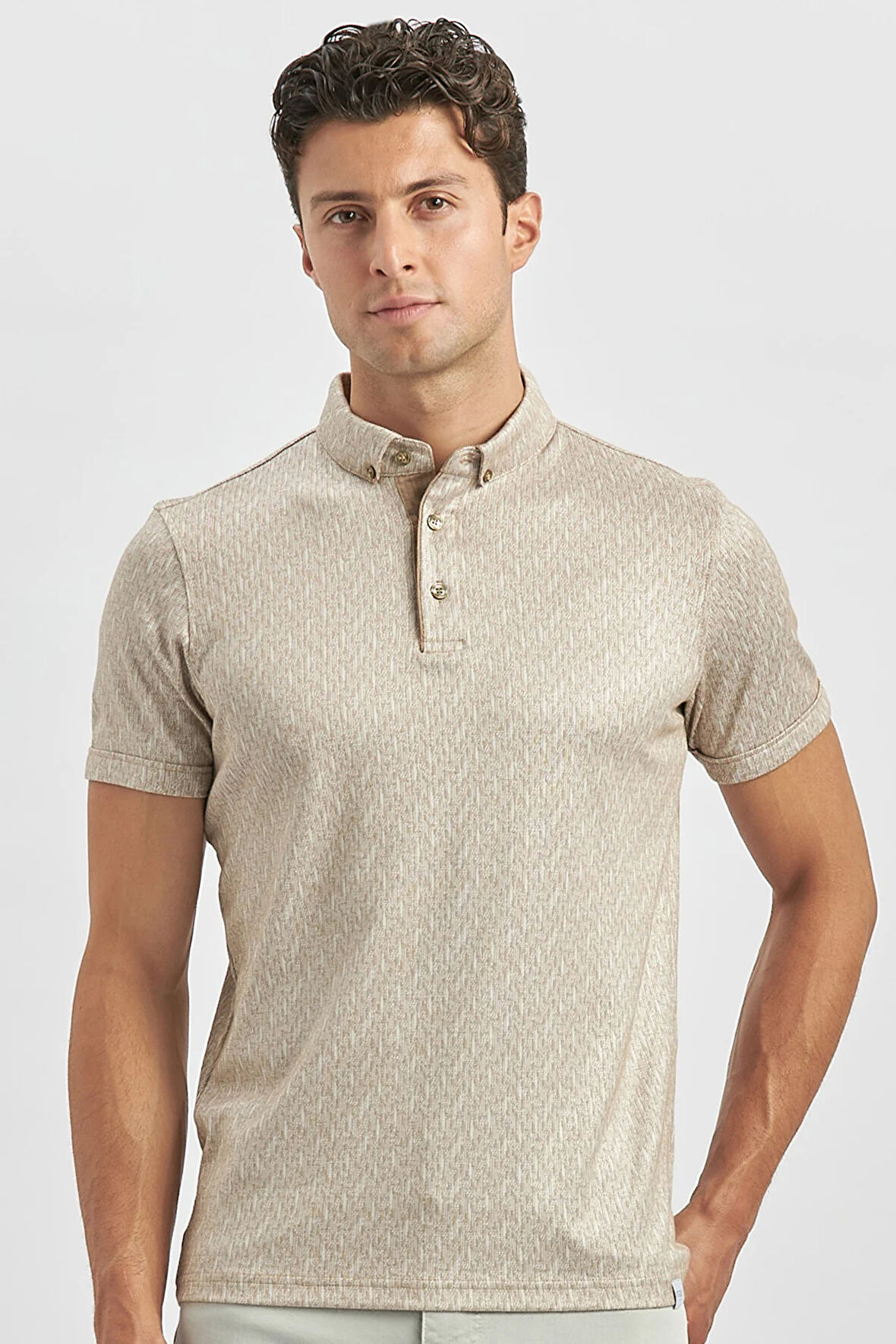 Bej Desenli Merserize Düğmeli Yaka Pamuklu Casual Slim Fit Dar Kesim Tişört 1011240163