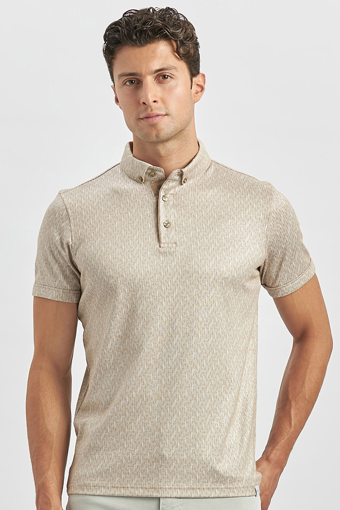 Bej Desenli Merserize Düğmeli Yaka Pamuklu Casual Slim Fit Dar Kesim Tişört 1011240163