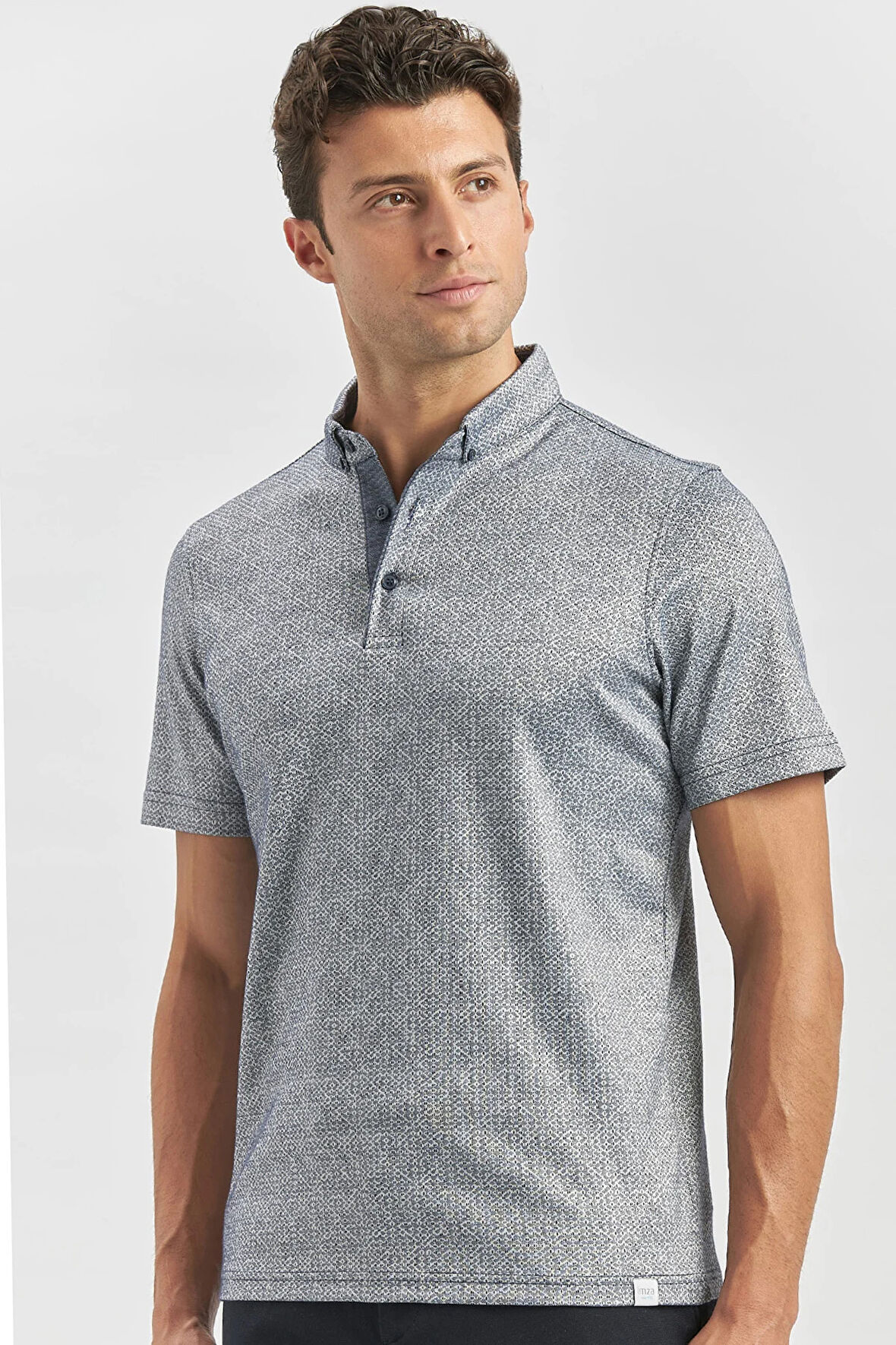 Koyu Lacivert Desenli Merserize Düğmeli Yaka Garnili Pamuklu Casual Slim Fit Dar Kesim Tişört 1011240164