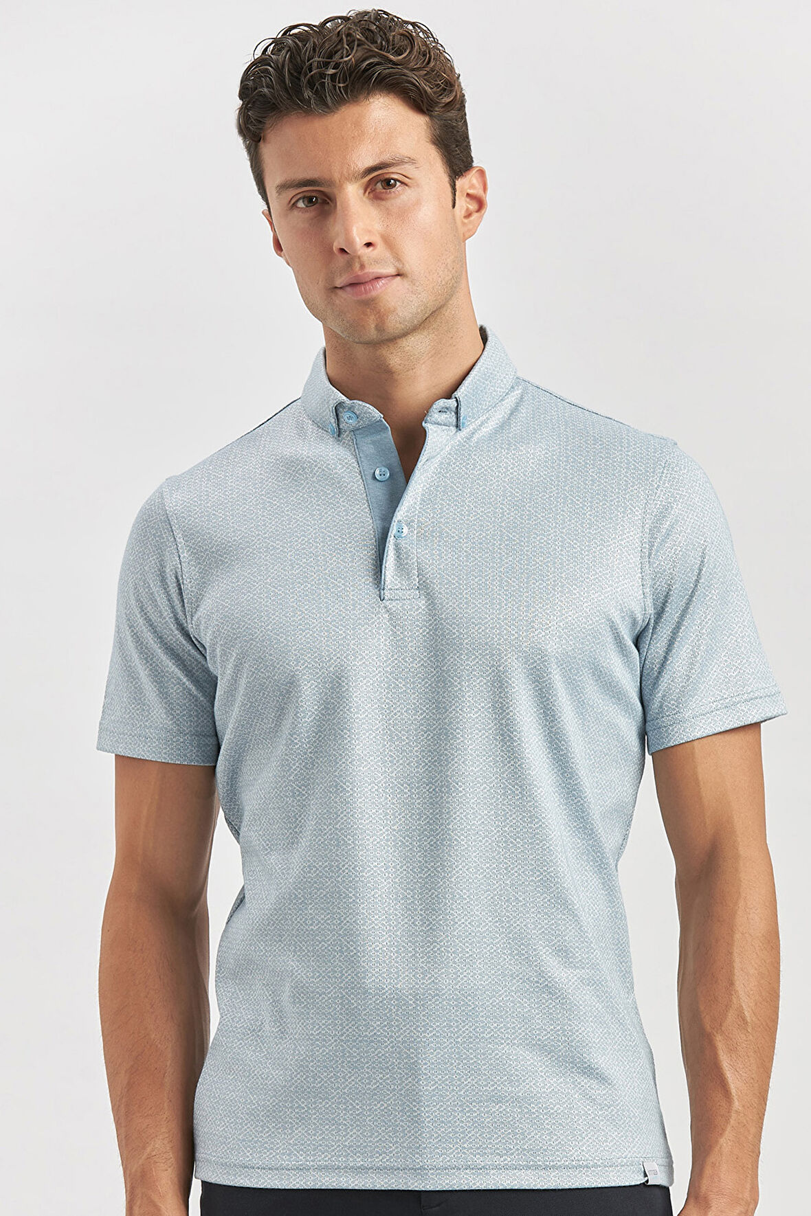 Koyu Mavi Desenli Merserize Düğmeli Yaka Garnili Pamuklu Casual Slim Fit Dar Kesim Tişört 1011240164