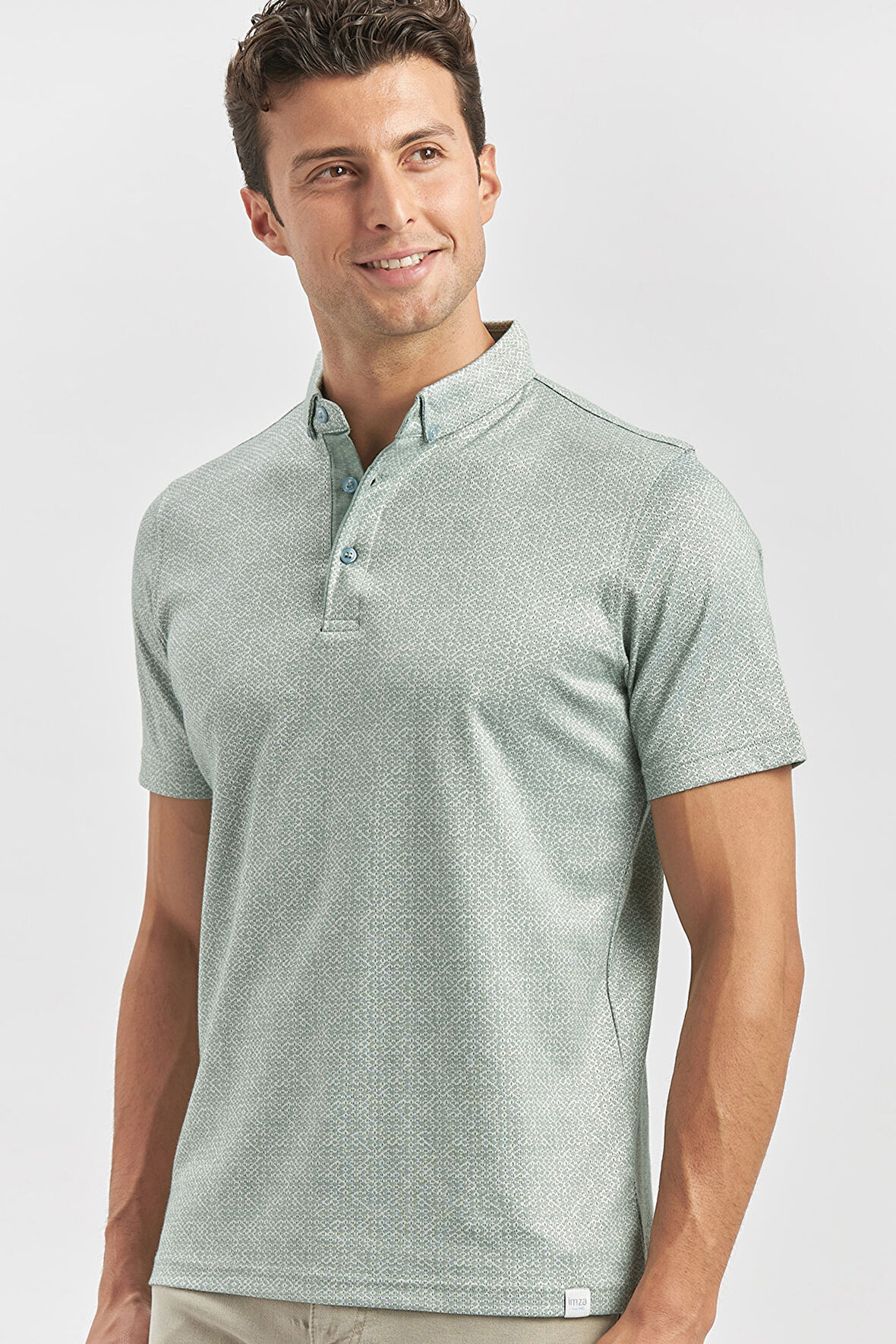 Koyu Yeşil Desenli Merserize Düğmeli Yaka Garnili Pamuklu Casual Slim Fit Dar Kesim Tişört 1011240164