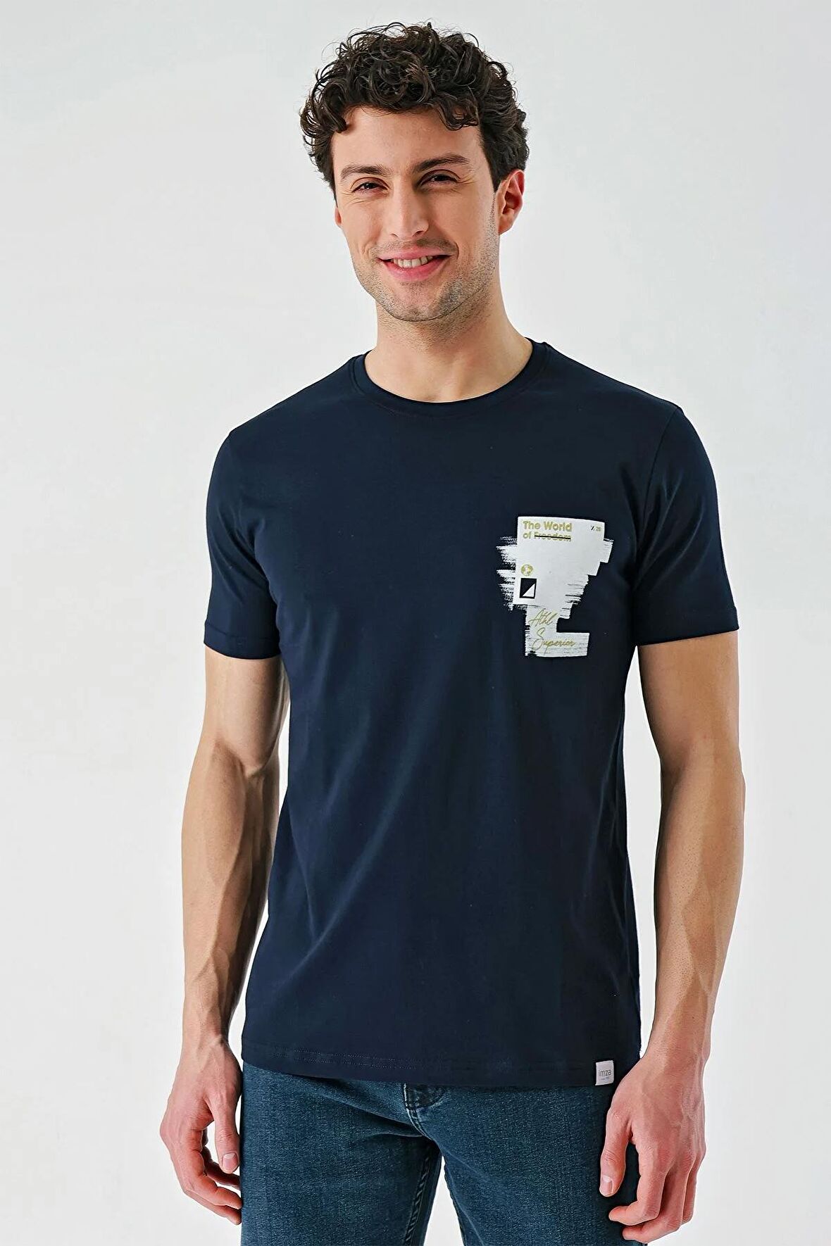 Koyu Lacivert Baskılı Bez Ayağı Bisiklet Yaka %100 Pamuk Casual Slim Fit Dar Kesim Tişört 1011240166