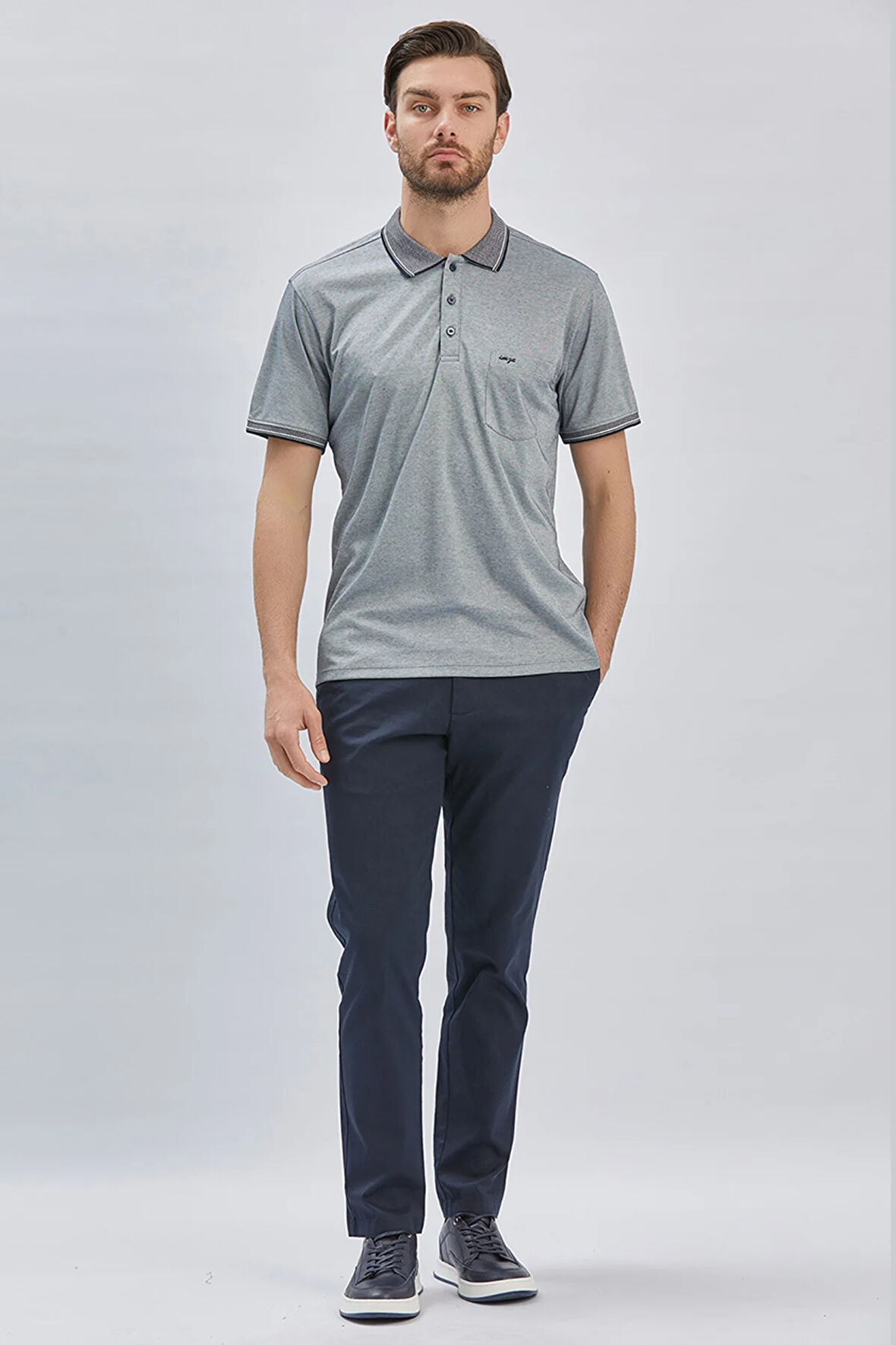 Koyu Lacivert Desenli Oxford Polo Yaka Cepli Pamuklu Klasik Comfort Fit Rahat Kesim Tişört 1011240171