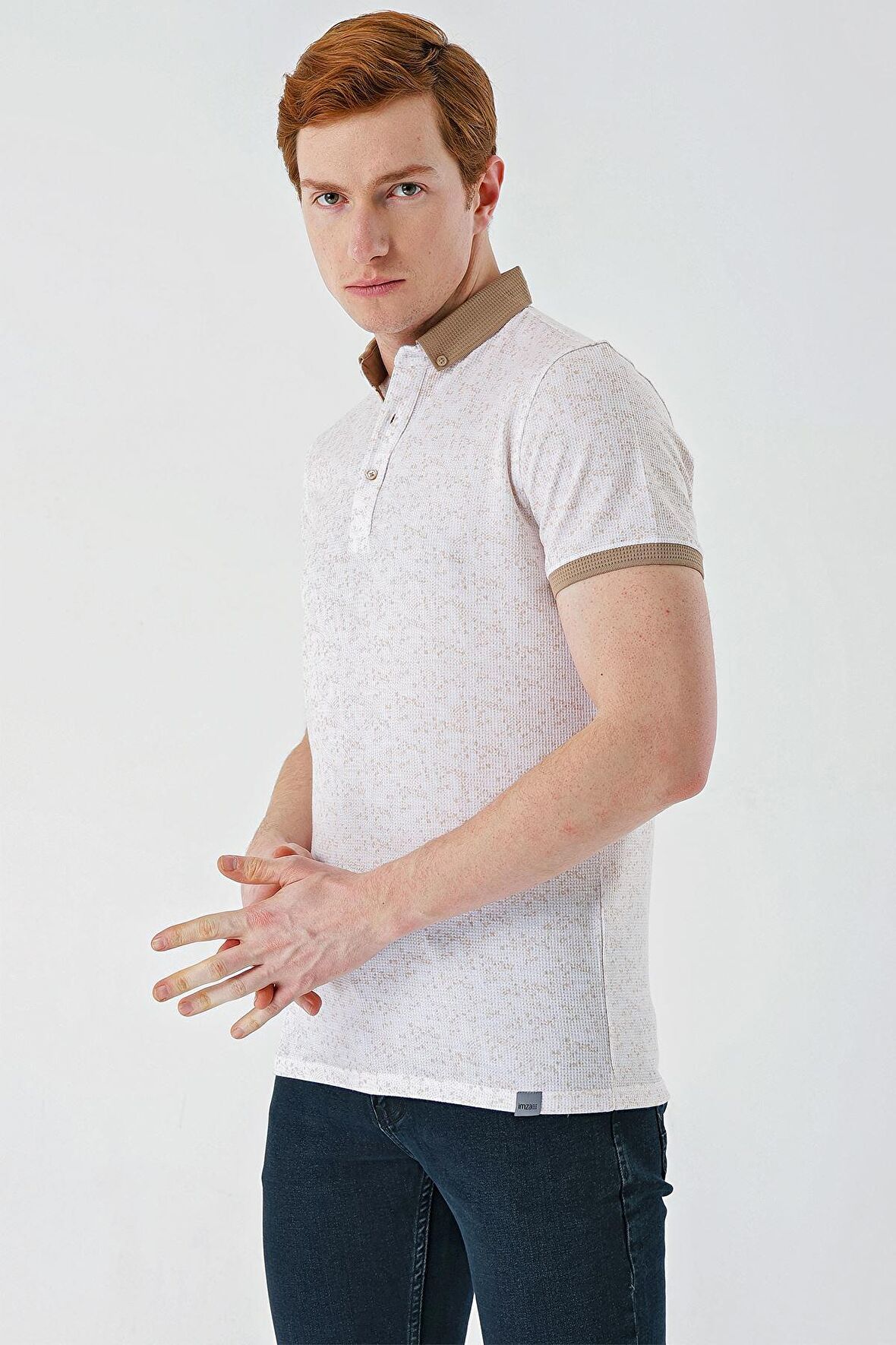 Taş Rengi Baskılı Jakarlı Düğmeli Yaka Cepli Casual Slim Fit Dar Kesim Tişört 1011240173