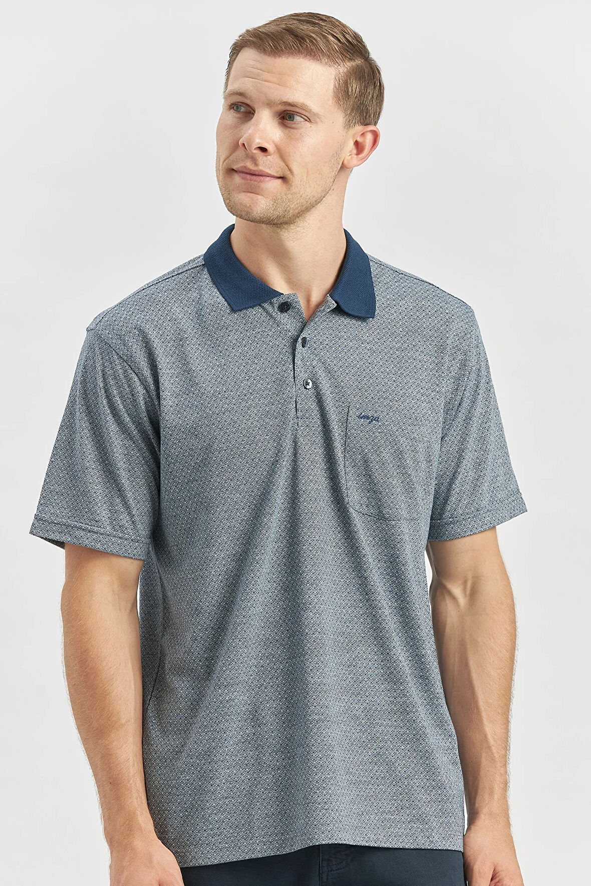 Koyu Lacivert Kısa Kol Kendinden Desenli Jakarlı Polo Yaka Classic Comfort Fit Tişört 1011240190