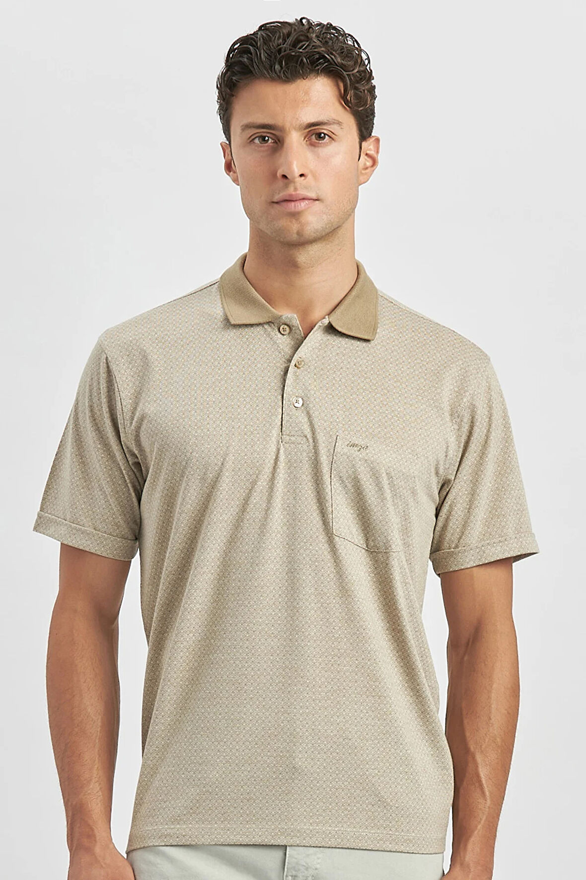 Taş Rengi Kısa Kol Kendinden Desenli Jakarlı Polo Yaka Classic Comfort Fit Tişört 1011240190