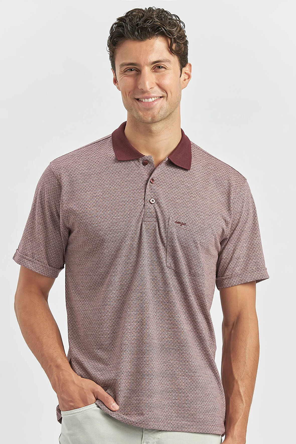 Bordo Kısa Kol Kendinden Desenli Jakarlı Polo Yaka Classic Comfort Fit Tişört 1011240190