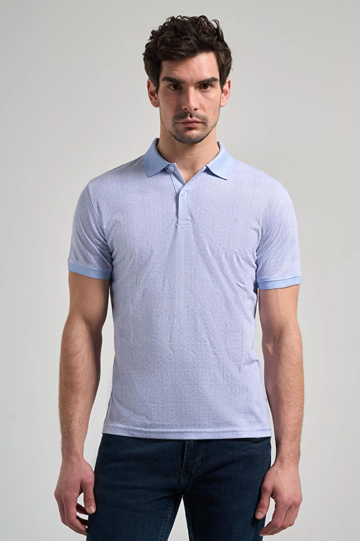 Koyu Mavi Kısa Kol Baskılı Pike Polo Yaka Cepsiz esnek Casual Slim Fit Tişört 1011250150