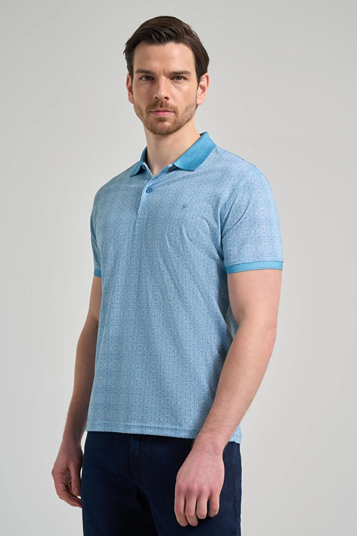 Koyu Turkuaz Kısa Kol Baskılı Pike Polo Yaka Cepsiz esnek Casual Slim Fit Tişört 1011250150