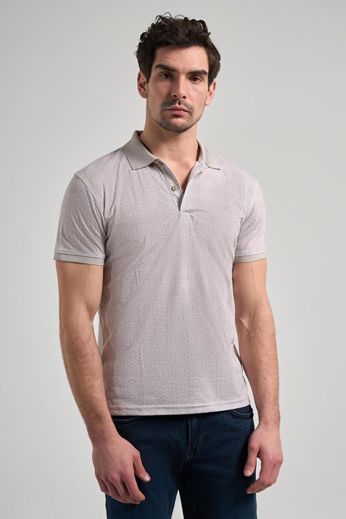 Koyu Bej Kısa Kol Baskılı Pike Polo Yaka Cepsiz esnek Casual Slim Fit Tişört 1011250150