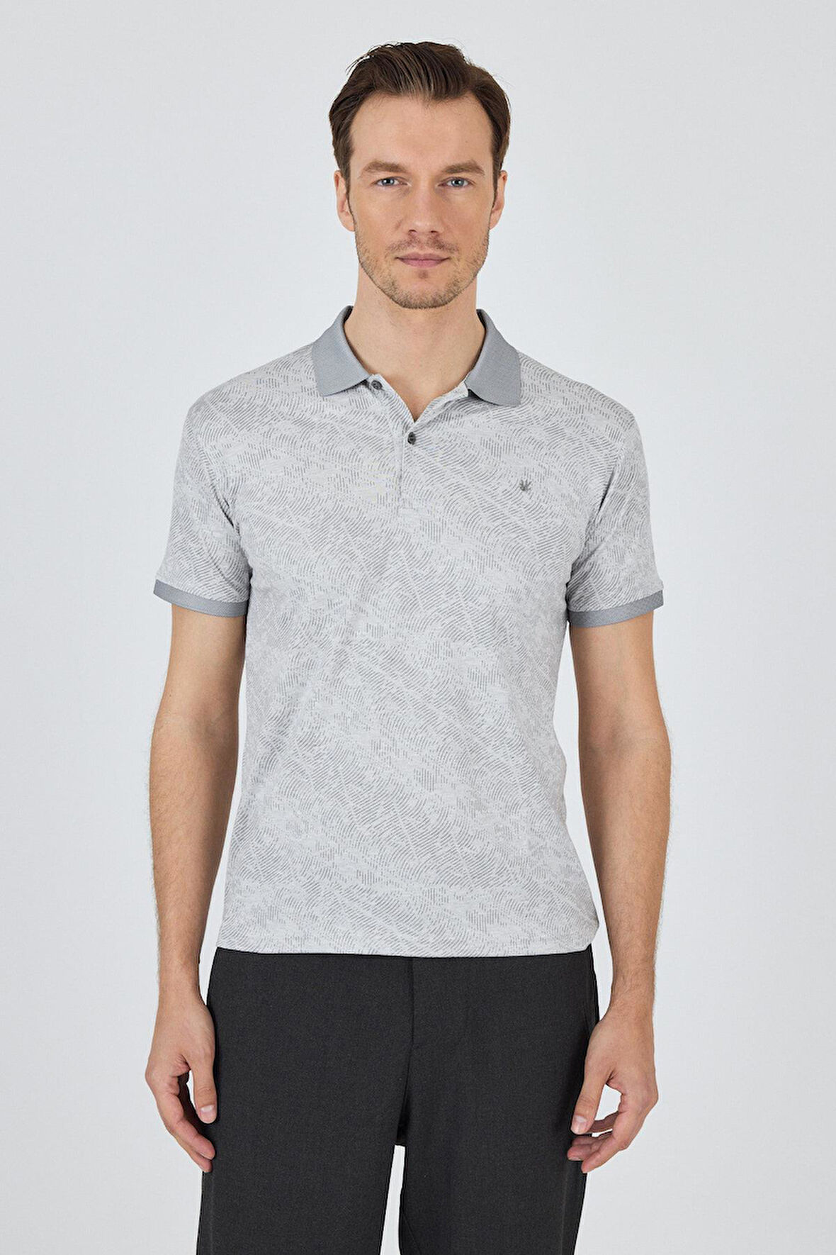 Gri Kısa Kol Baskılı Pike Polo Yaka Cepsiz esnek Casual Slim Fit Tişört 1011250152