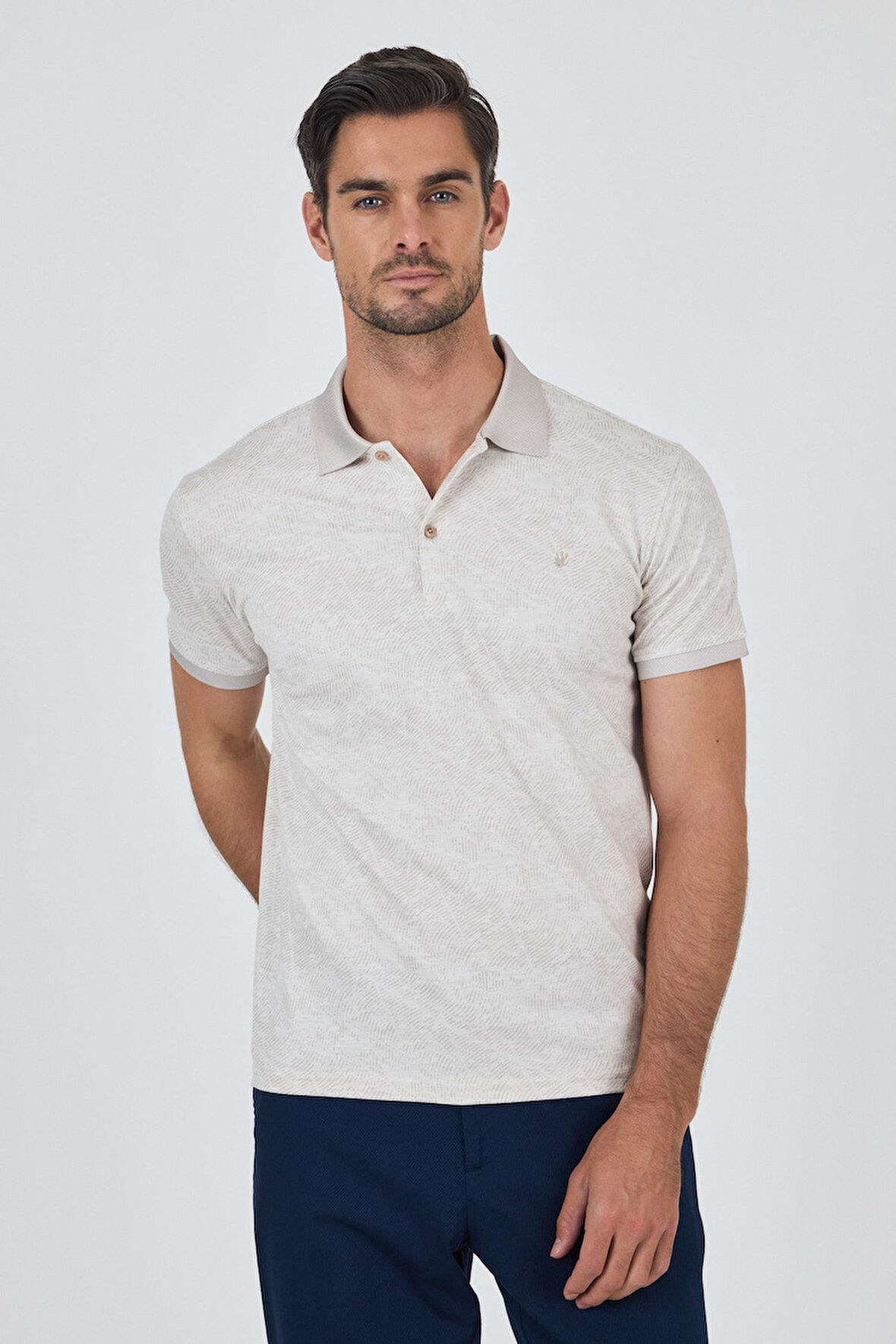 Açık Bej Kısa Kol Baskılı Pike Polo Yaka Cepsiz esnek Casual Slim Fit Tişört 1011250152