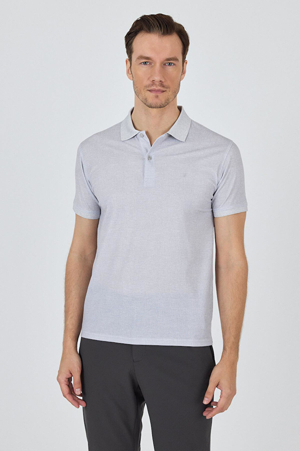 Gri Kısa Kol Baskılı Pike Polo Yaka Cepsiz esnek Casual Slim Fit Tişört 1011250153