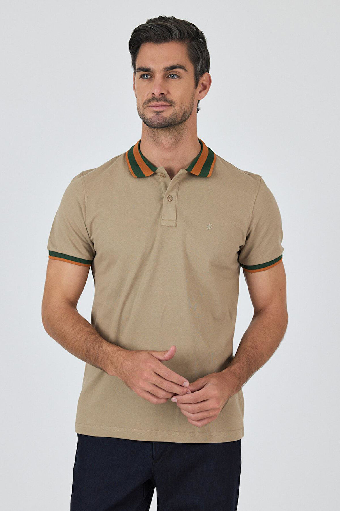 Bej Kısa Kol Düz Pike Polo Yaka Cepsiz Pamuk Casual Slim Fit Tişört 1011250103_591