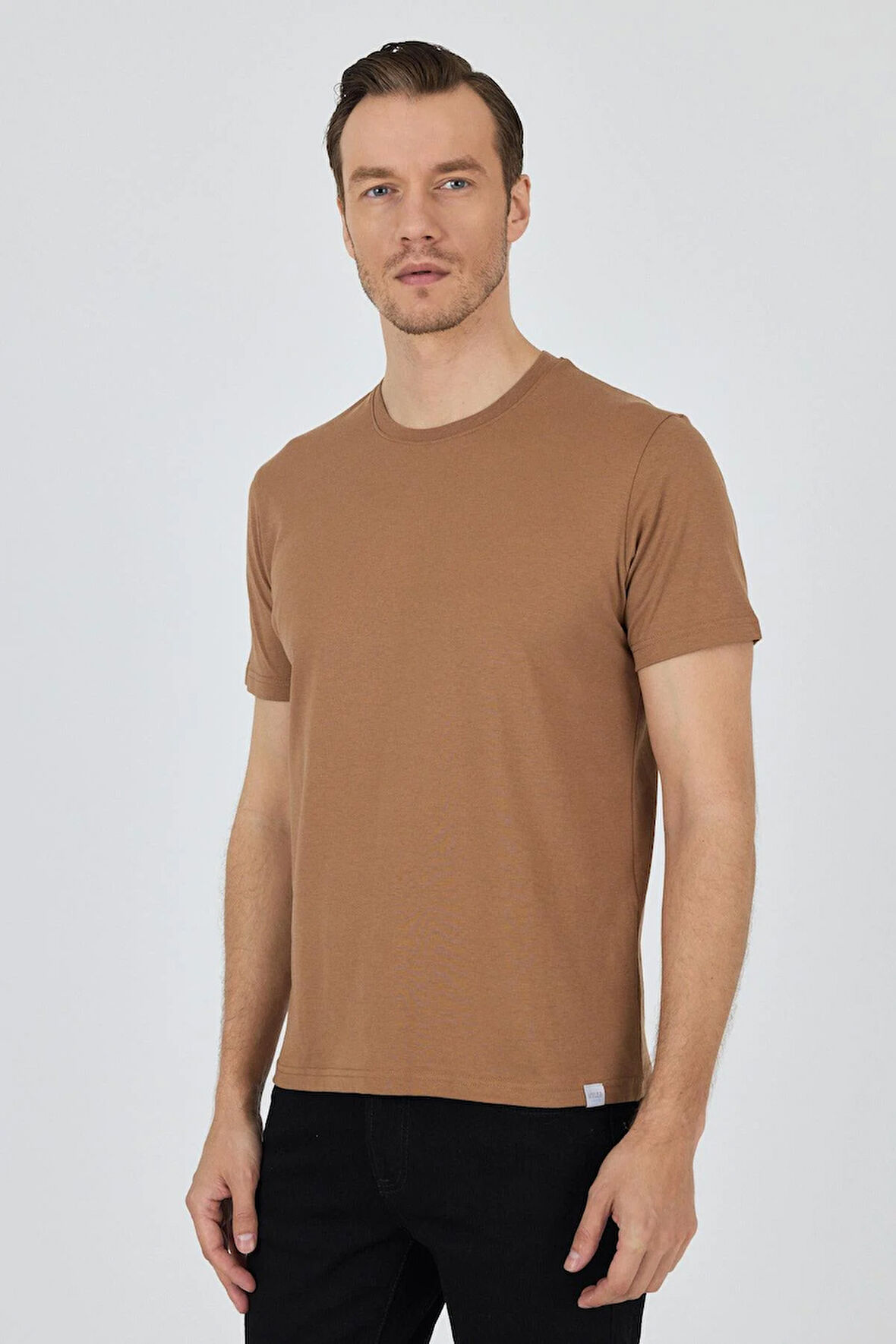 Sütlü Kahverengi Kısa Kol Bisiklet Yaka Cepsiz Pamuk Casual Slim Fit Tişört 1011250158