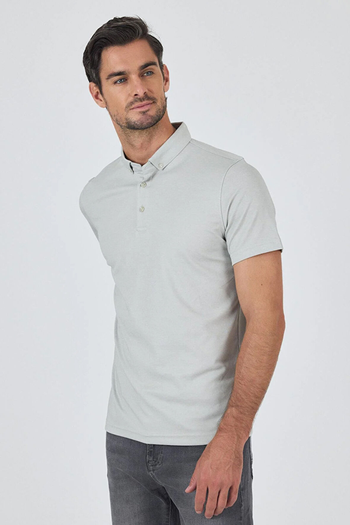 Gri Kısa Kol Düz Suprem Polo Yaka Cepsiz Pamuklu Casual Slim Fit Tişört 1011250160_601