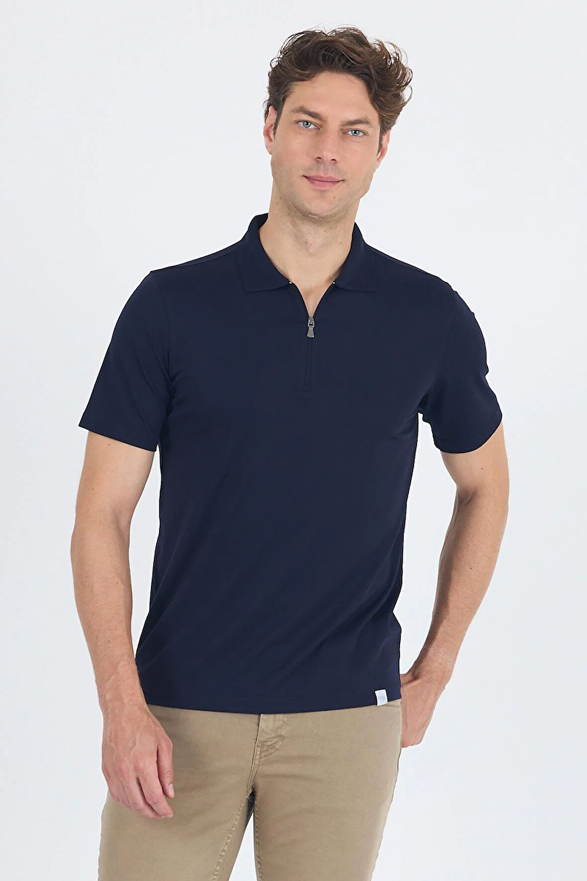 Koyu Lacivert Kısa Kol Düz Suprem Polo Yaka Cepsiz Esnek Casual Slim Fit Tişört 1011250161_200