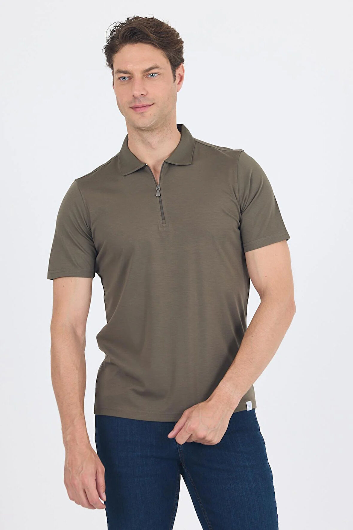 Koyu Haki Kısa Kol Düz Suprem Polo Yaka Cepsiz Esnek Casual Slim Fit Tişört 1011250161_720