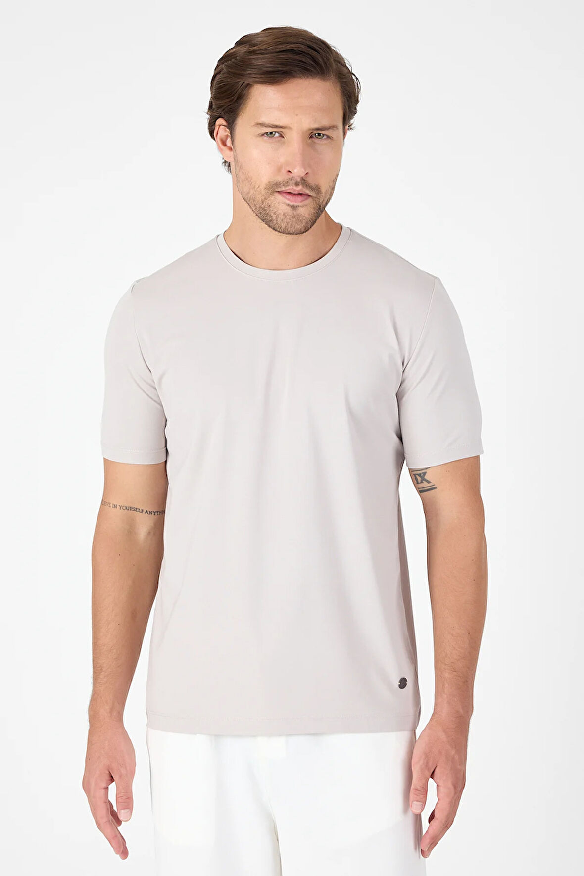 Açık Bej Kısa Kol Bisiklet Yaka Cepsiz Pamuklu Casual Slim Fit Tişört 1011250165