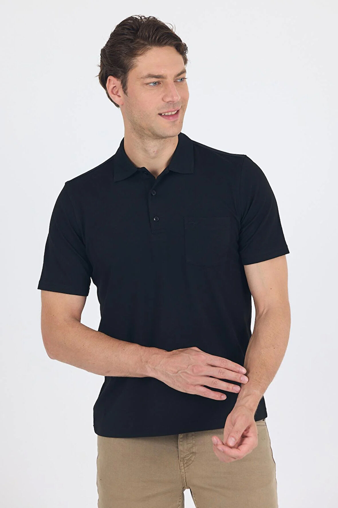 Siyah Kısa Kol Polo Yaka Cepli Classic Standart Beden Tişört 1011250173