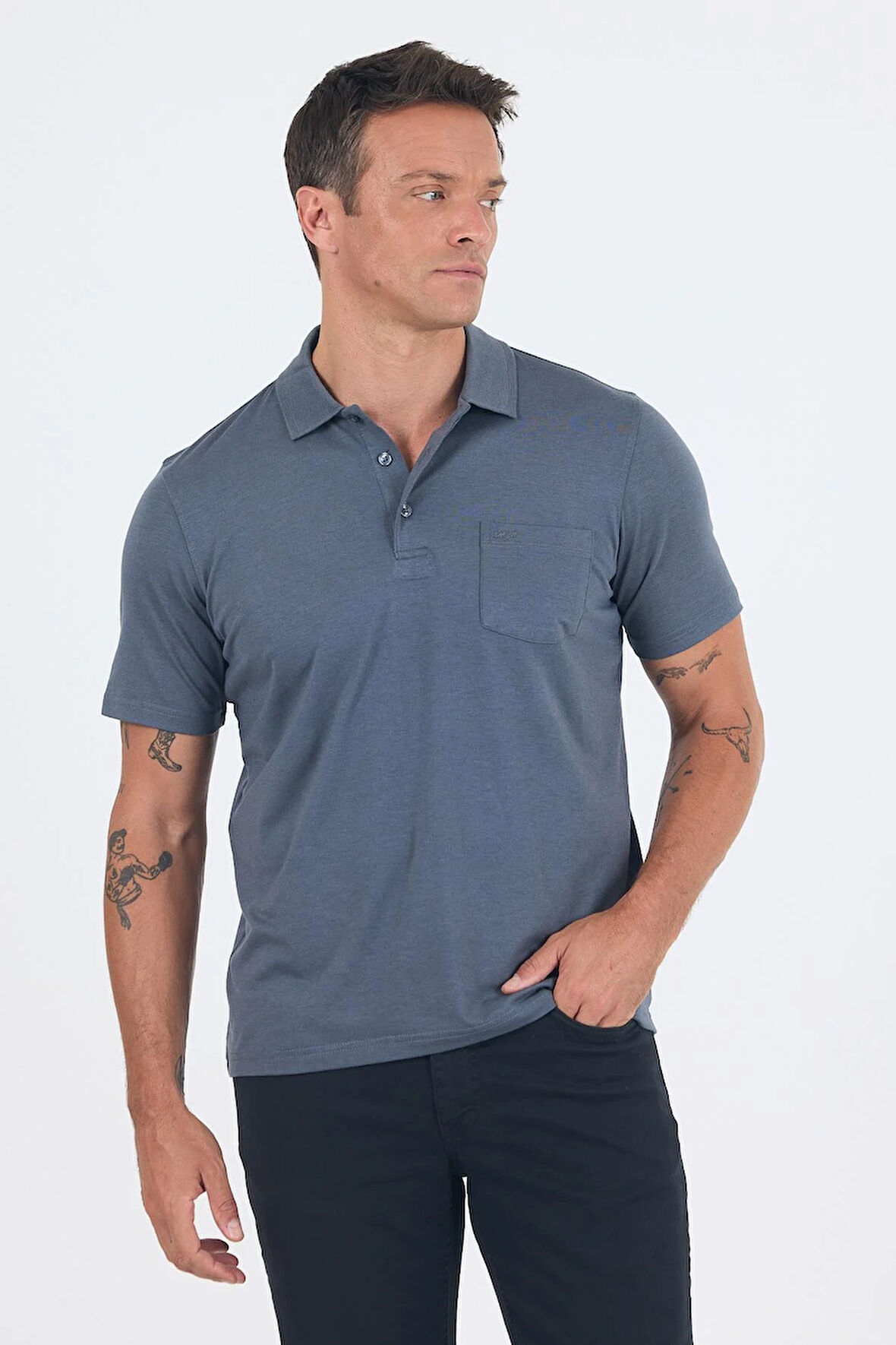 Füme Kısa Kol Polo Yaka Cepli Classic Standart Beden Tişört 1011250173