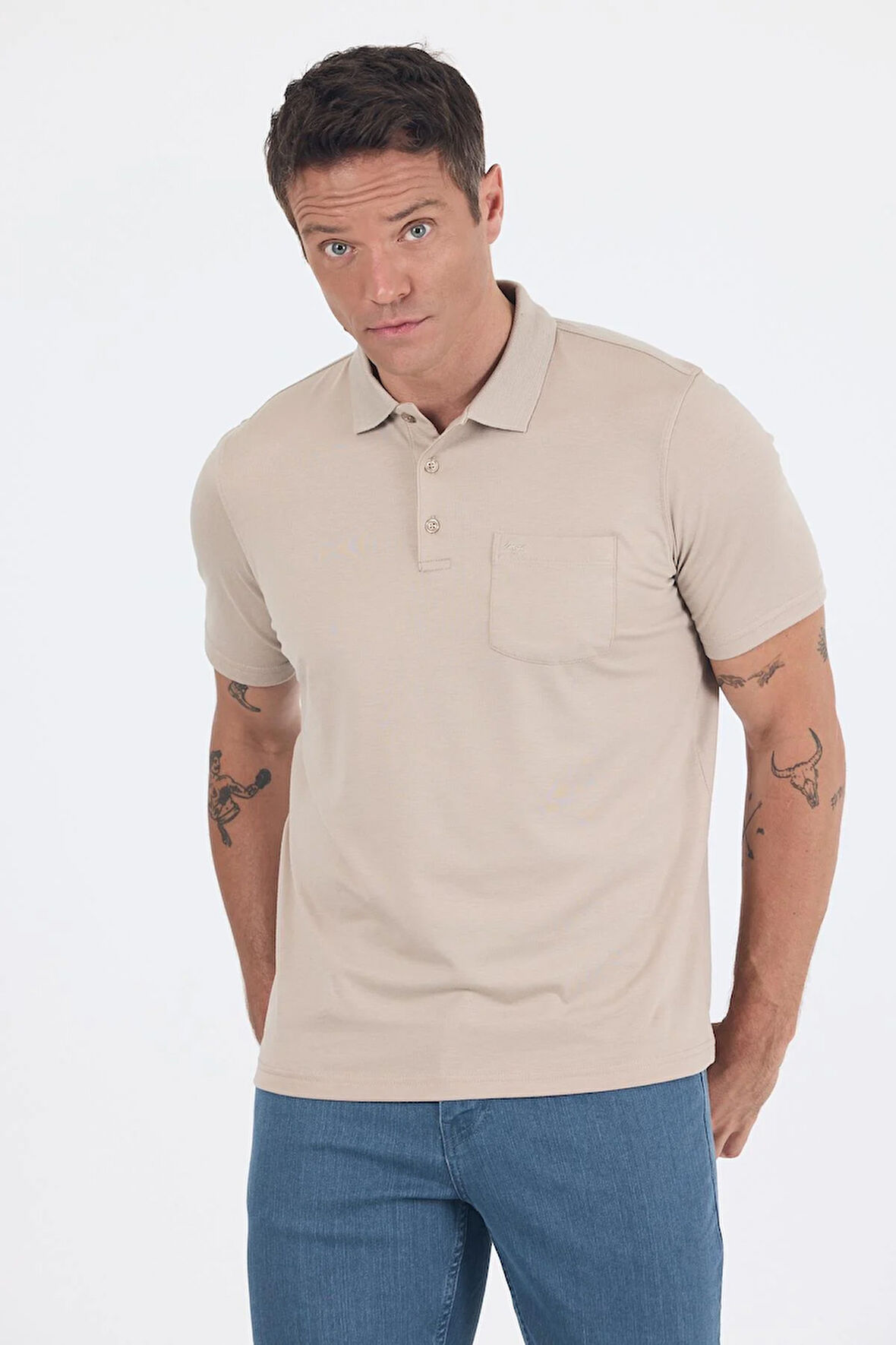 Bej Kısa Kol Polo Yaka Cepli Classic Standart Beden Tişört 1011250173