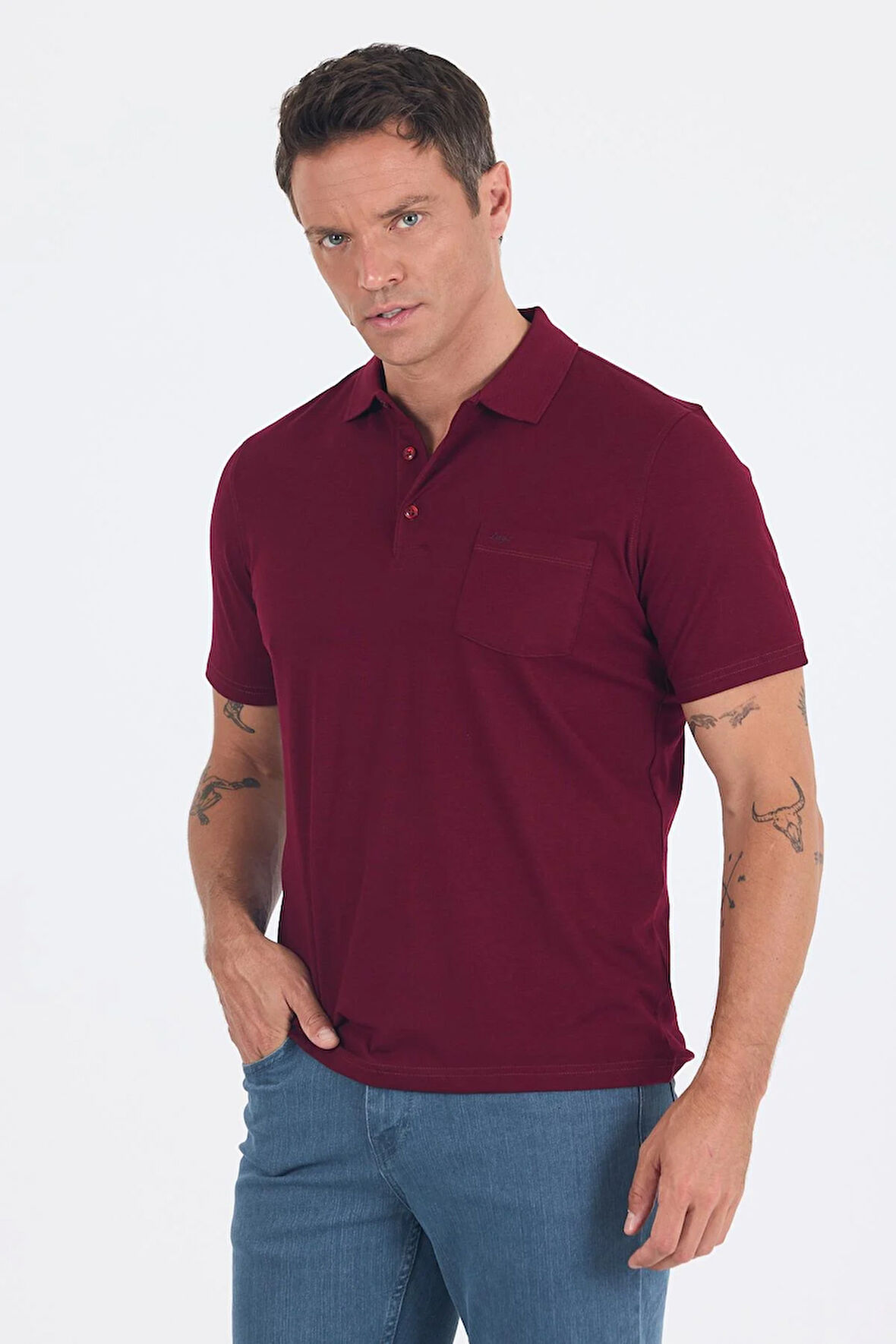 Bordo Kısa Kol Polo Yaka Cepli Classic Standart Beden Tişört 1011250173