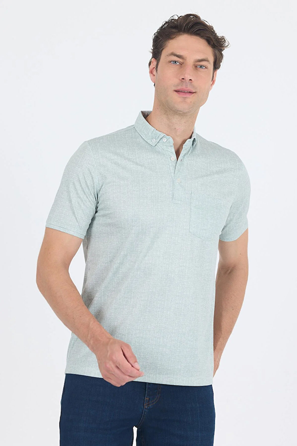 Yeşil Polo Yaka Kısa Kol Cepli Comfort Fit Pamuklu Tişört 1011250180