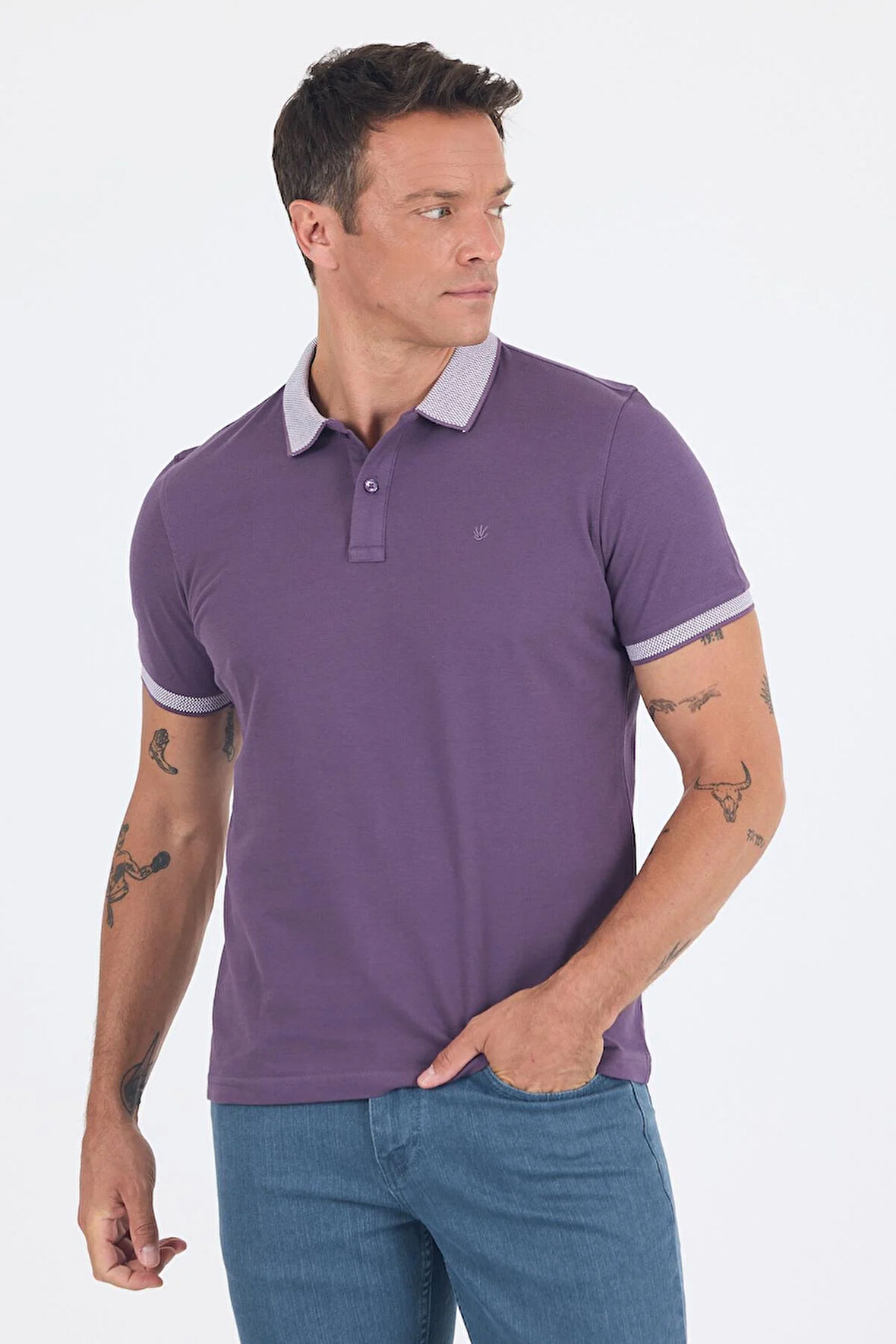 Mor Polo Yaka Kısa Kol Cepsiz Slim Fit :%100 Pamuk Tişört 1011250182