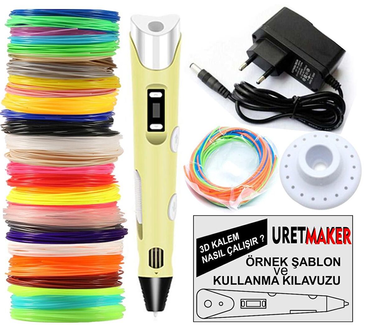 SARI Renk 3D Pen Kalem Yazıcı ve 40 metre PLA Filament (10 renk x 4 metre)