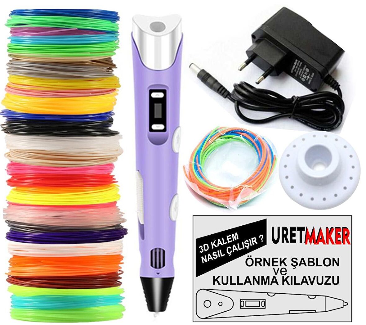MOR Renk 3D Pen Kalem Yazıcı ve 20 metre PLA Filament (10 renk x 2 metre)