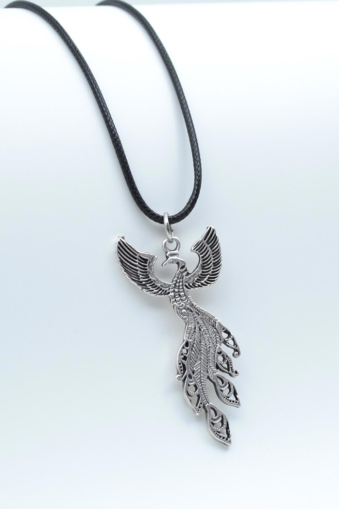 Zümrüdü Anka Kuşu Kolye Deri İp Kolye Gümüş Kaplama Erkek Kadın Kolye