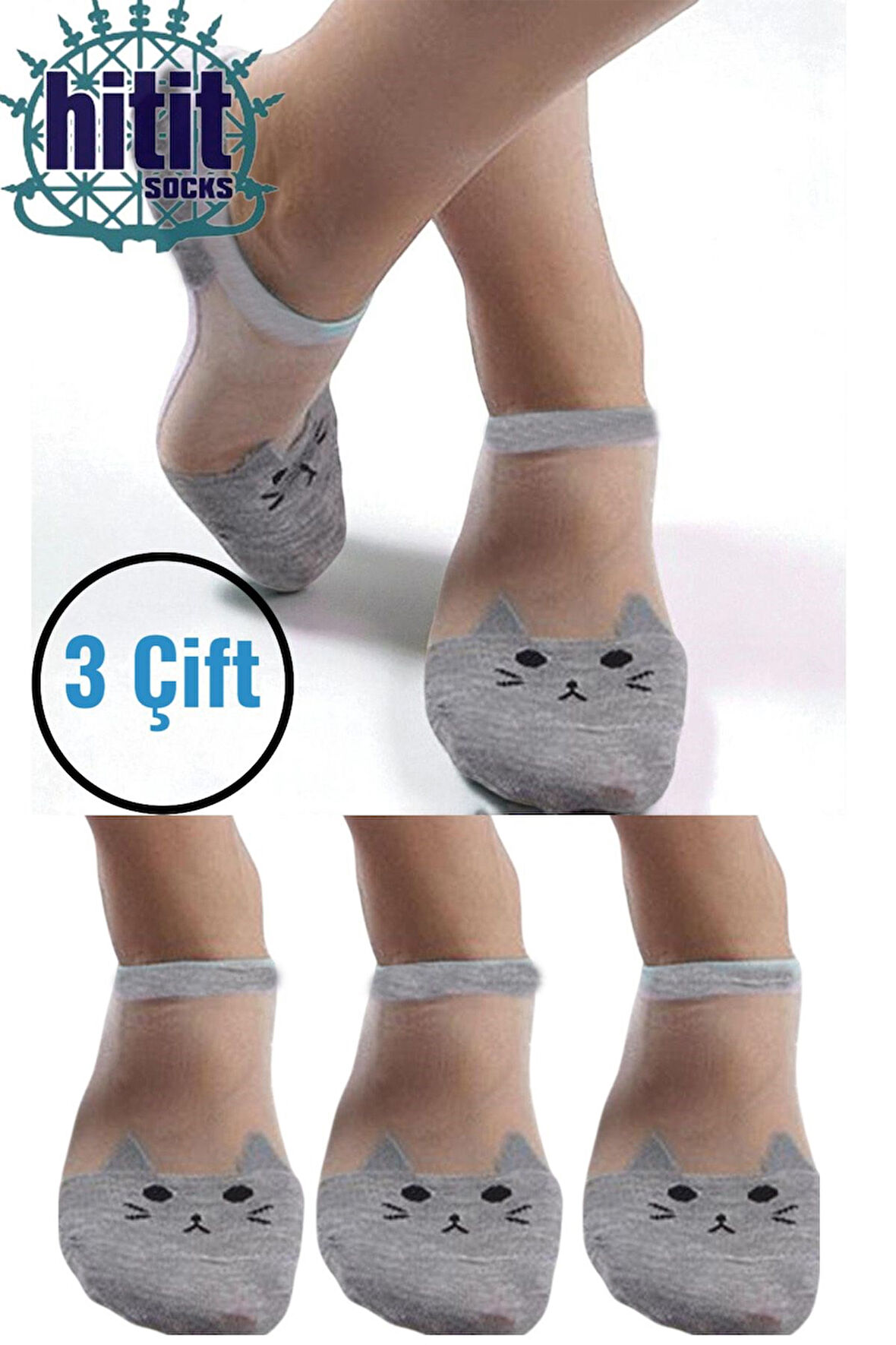 Kadın 3 Çift Premium Kalite Kedi Desenli Tül Şeffaf Çorap Gri