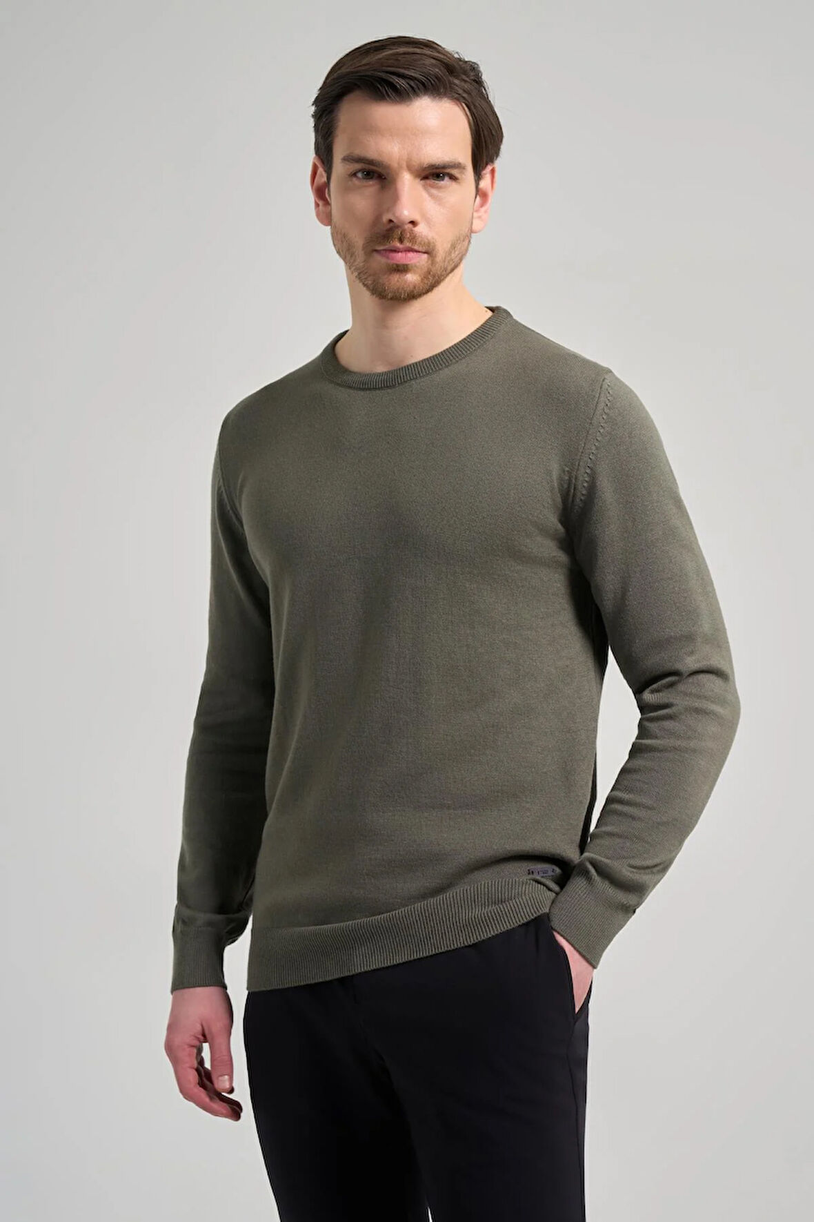 Koyu Yeşil Uzun Kol Düz Örme Bisiklet Yaka Classic Comfort Fit Triko 1012245006