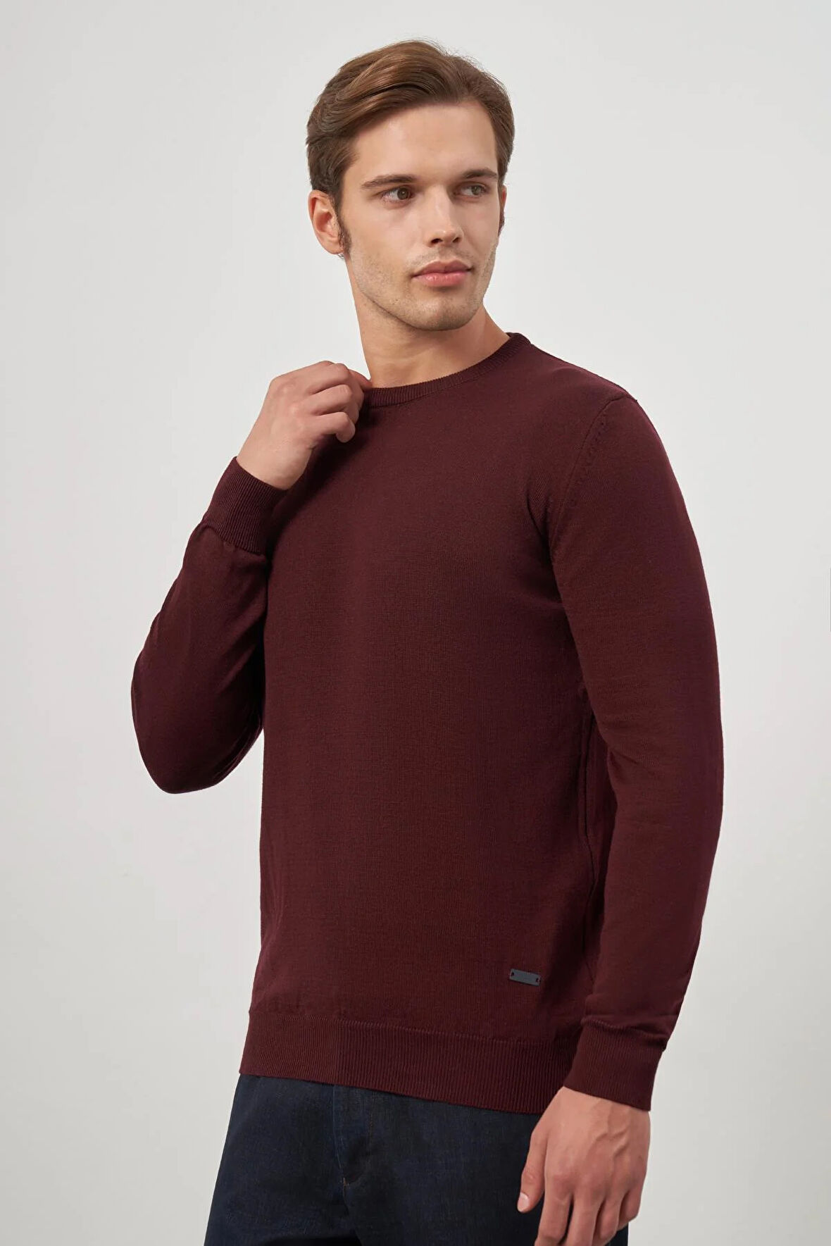 Bordo Uzun Kol Düz Örme Bisiklet Yaka Classic Comfort Fit Triko 1012245006