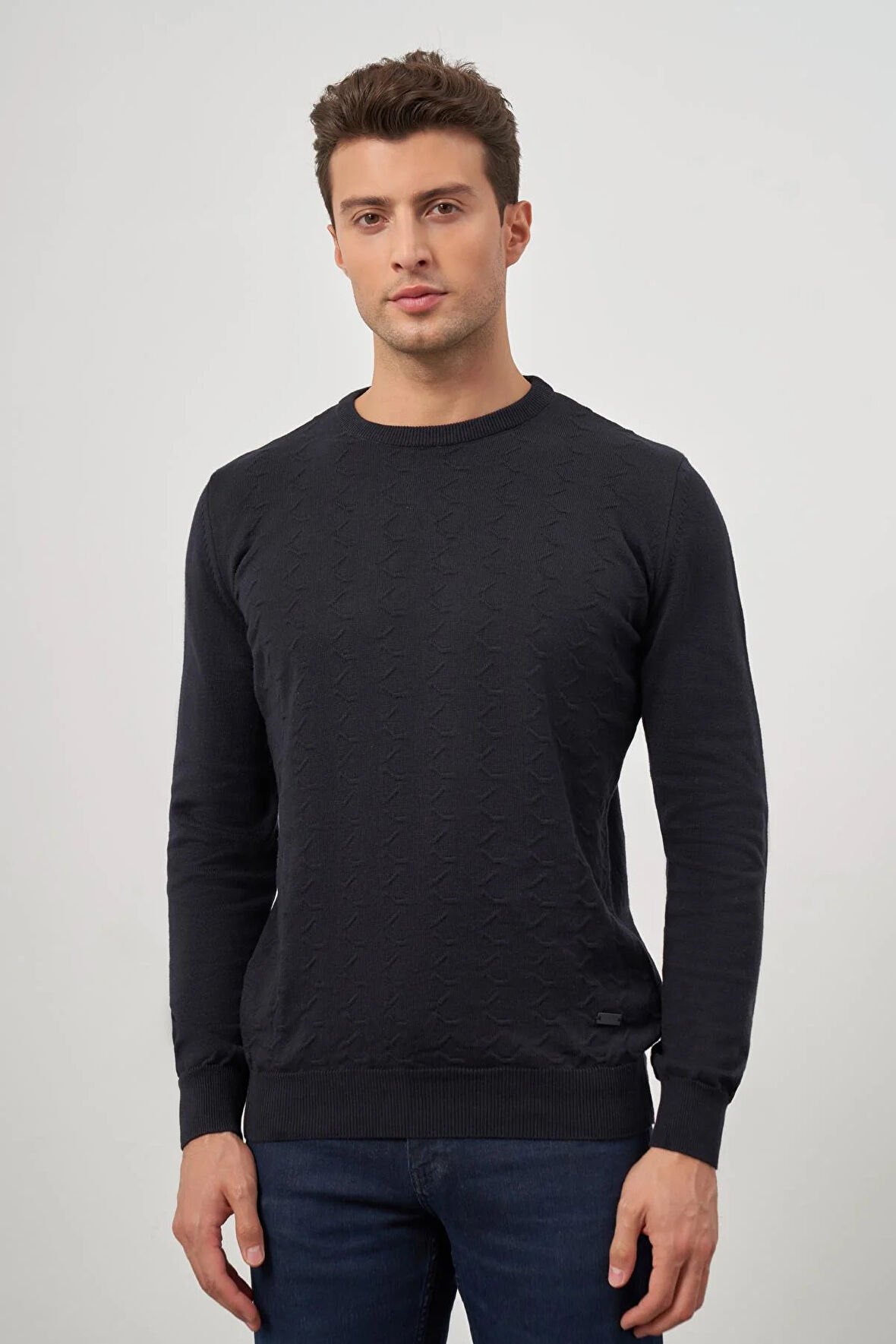 Koyu Lacivert Uzun Kol Kendinden Desenli Örme Bisiklet Yaka Classic Comfort Fit Triko 1012245155