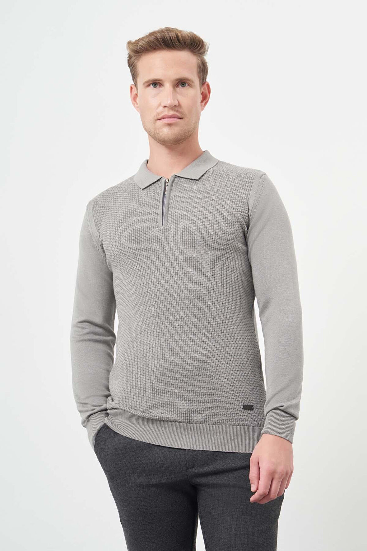 Gri Uzun Kol Kendinden Desenli Örme Polo Yaka Classic Comfort Fit Triko 1012245156