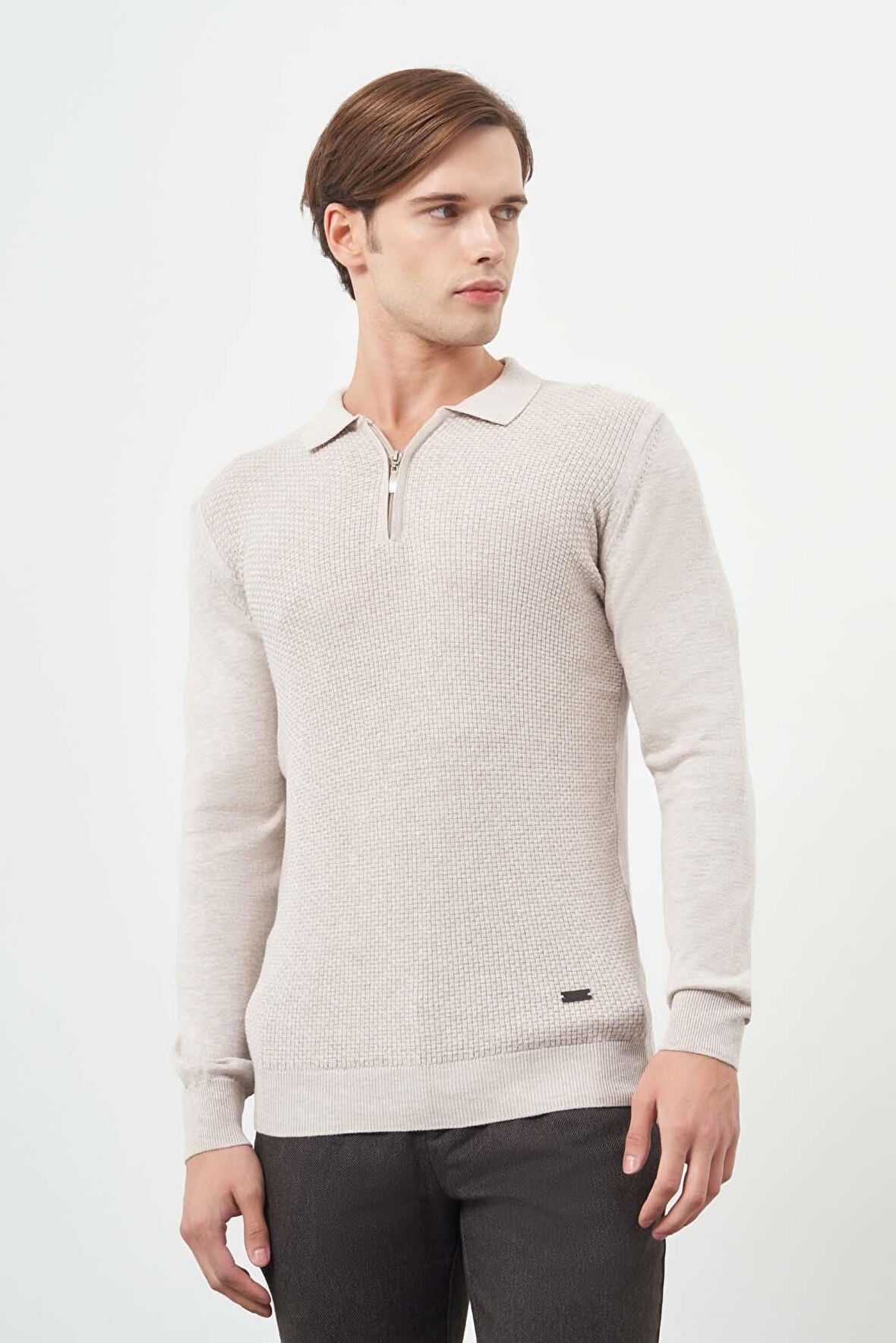 Bej Uzun Kol Kendinden Desenli Örme Polo Yaka Classic Comfort Fit Triko 1012245156